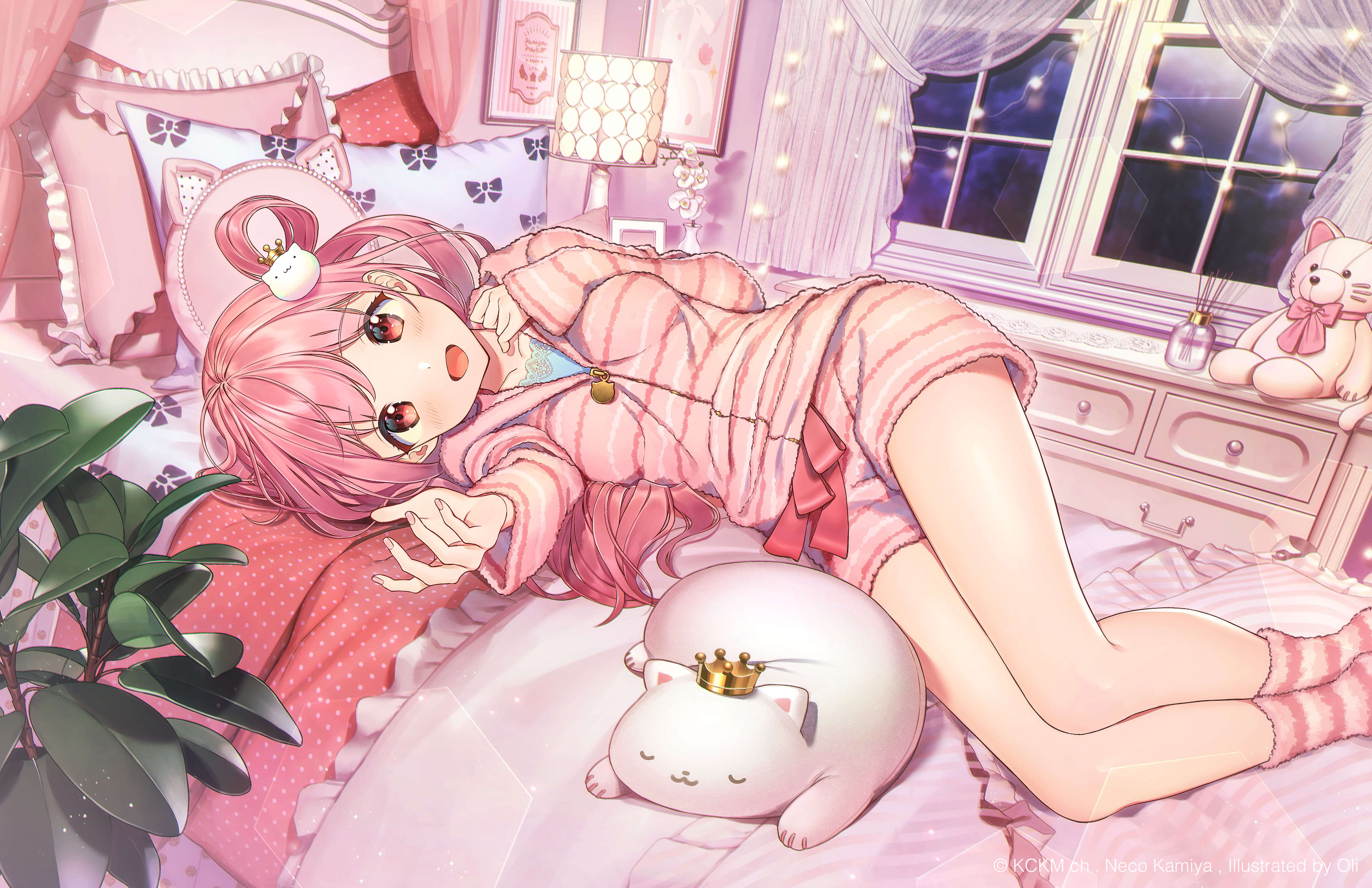 Anime 4793x3105 anime girls red eyes pink hair open mouth in bed Oli (artist)