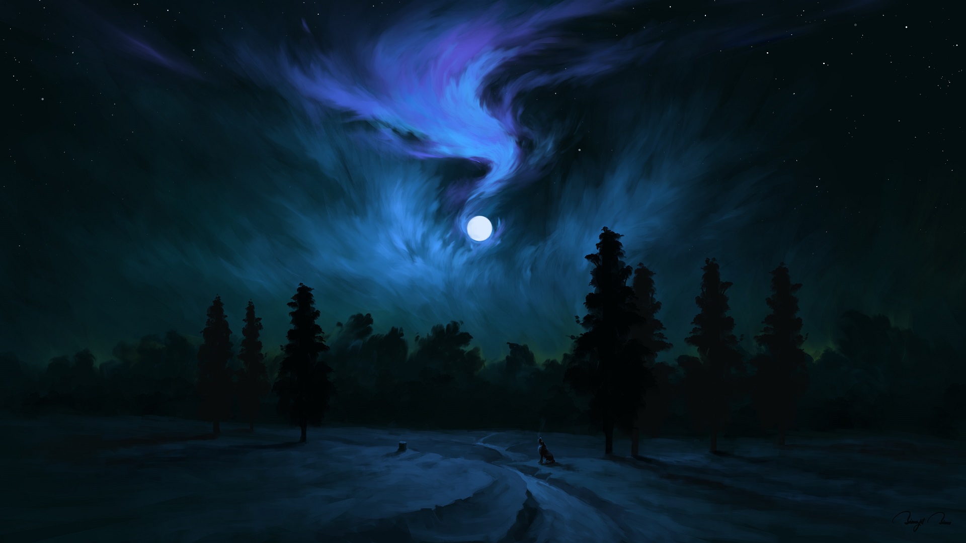 General 1920x1080 digital painting night Moon wolf landscape BisBiswas