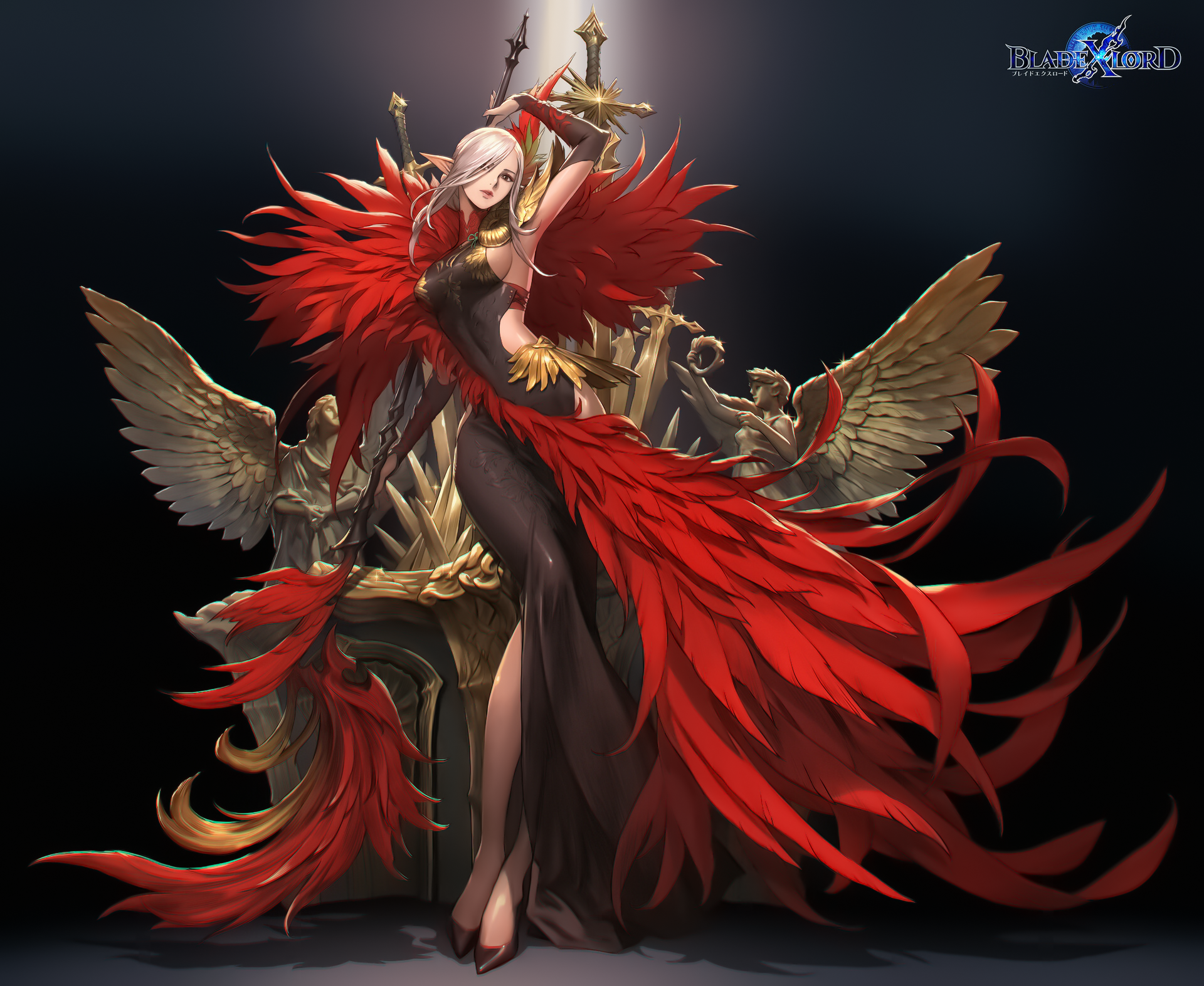 General 1920x1573 Bluezima drawing women elves blonde long hair feathers red clothing wings dress pointy ears weapon sword lights