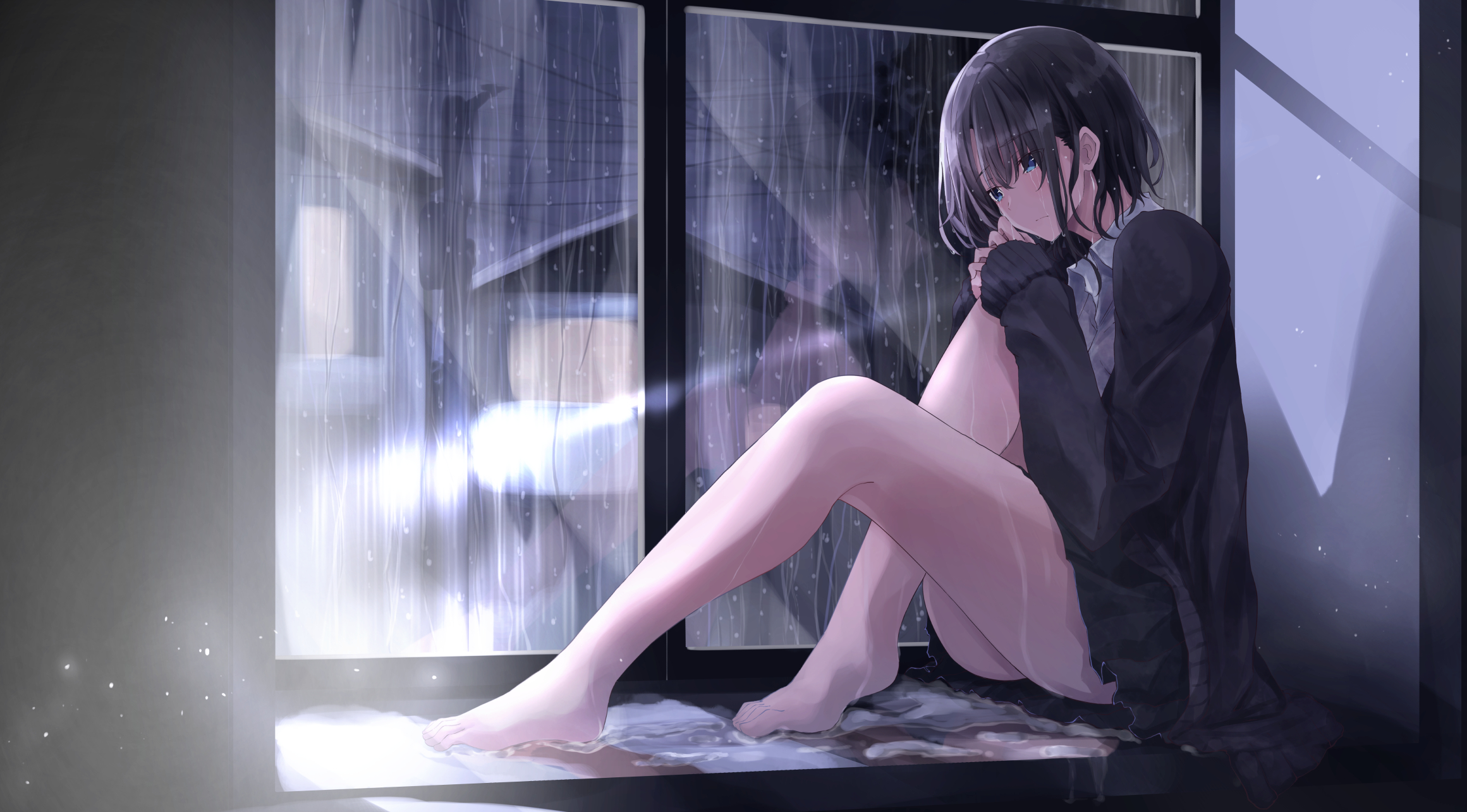 Anime 2321x1285 anime girls short hair Fuu (artist) barefoot black hair blue eyes rain window holding knees miniskirt