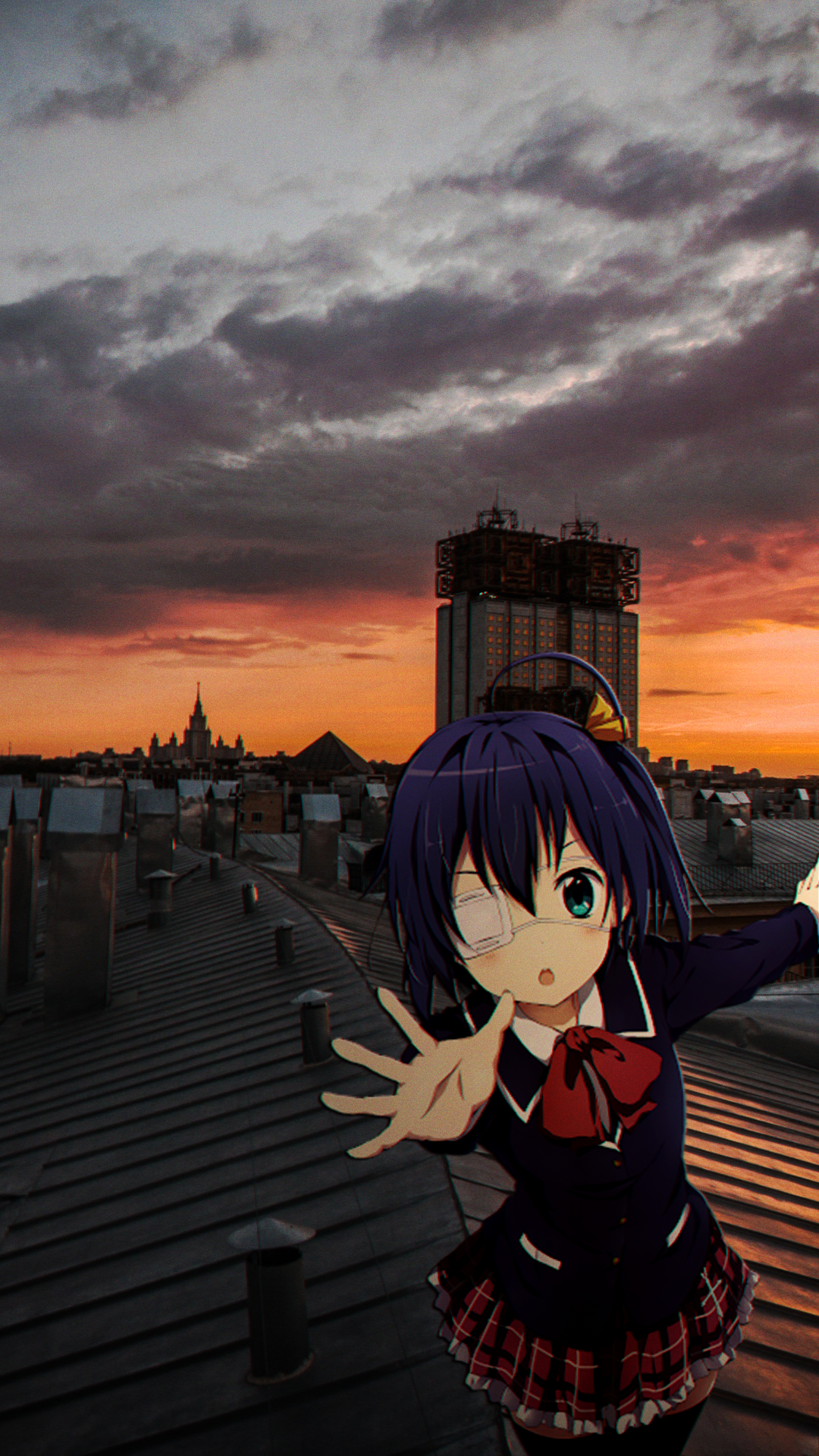 Anime 1080x1920 anime girls Takanashi Rikka sunset rooftops animeirl anime eyepatches Chuunibyou demo Koi ga Shitai!