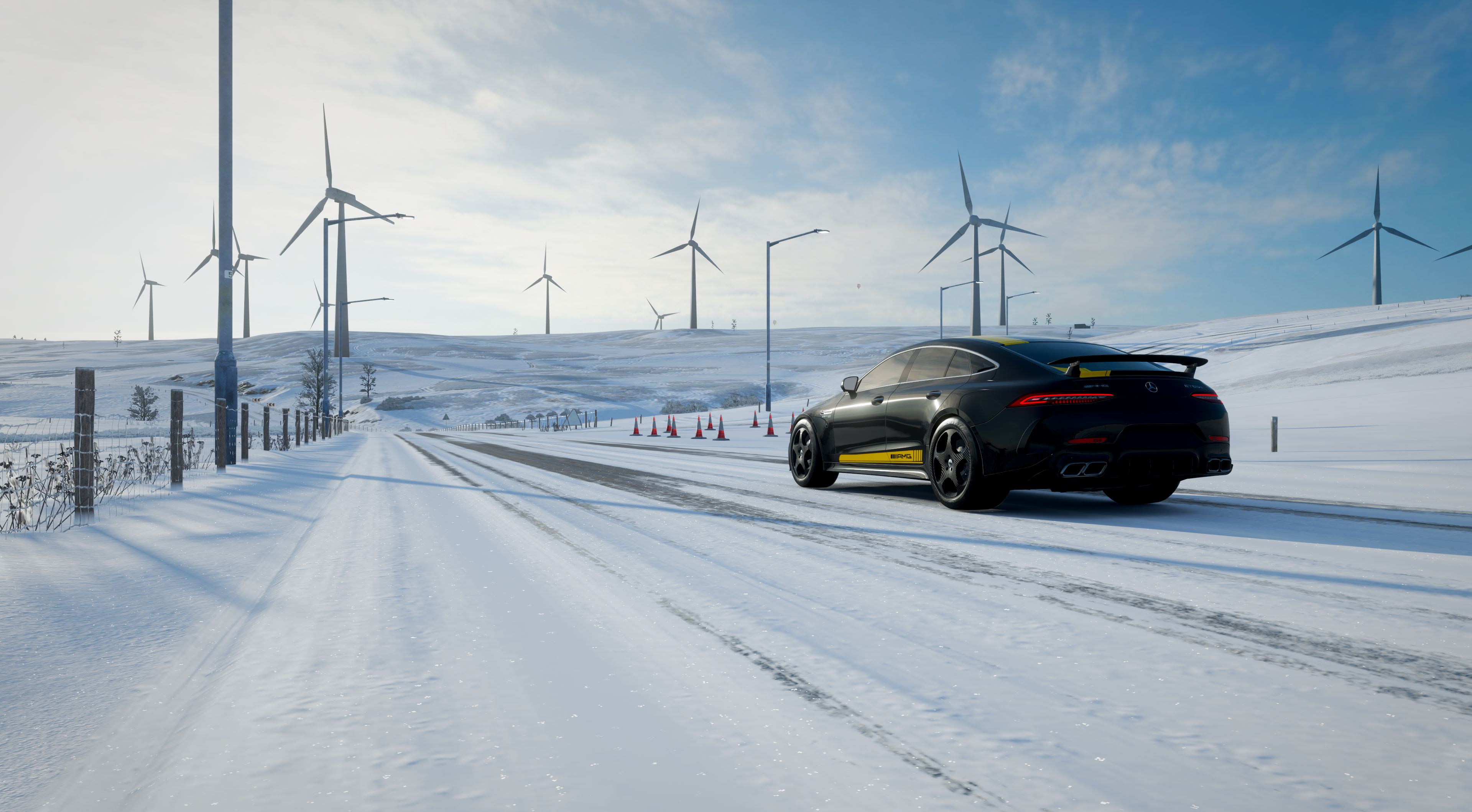 General 3839x2119 Forza Horizon 4 Mercedes-Benz Mercedes Benz GT4 snow video games screen shot wind turbine black cars car vehicle