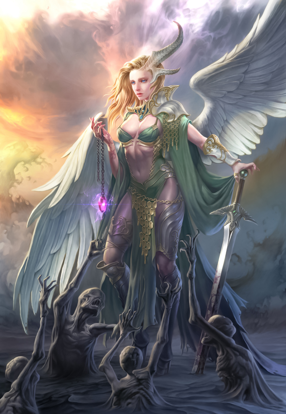 General 968x1400 Young June Choi drawing women horns skimpy clothes magic gems undead chains weapon sword fantasy art clouds wings feathers blue eyes blonde