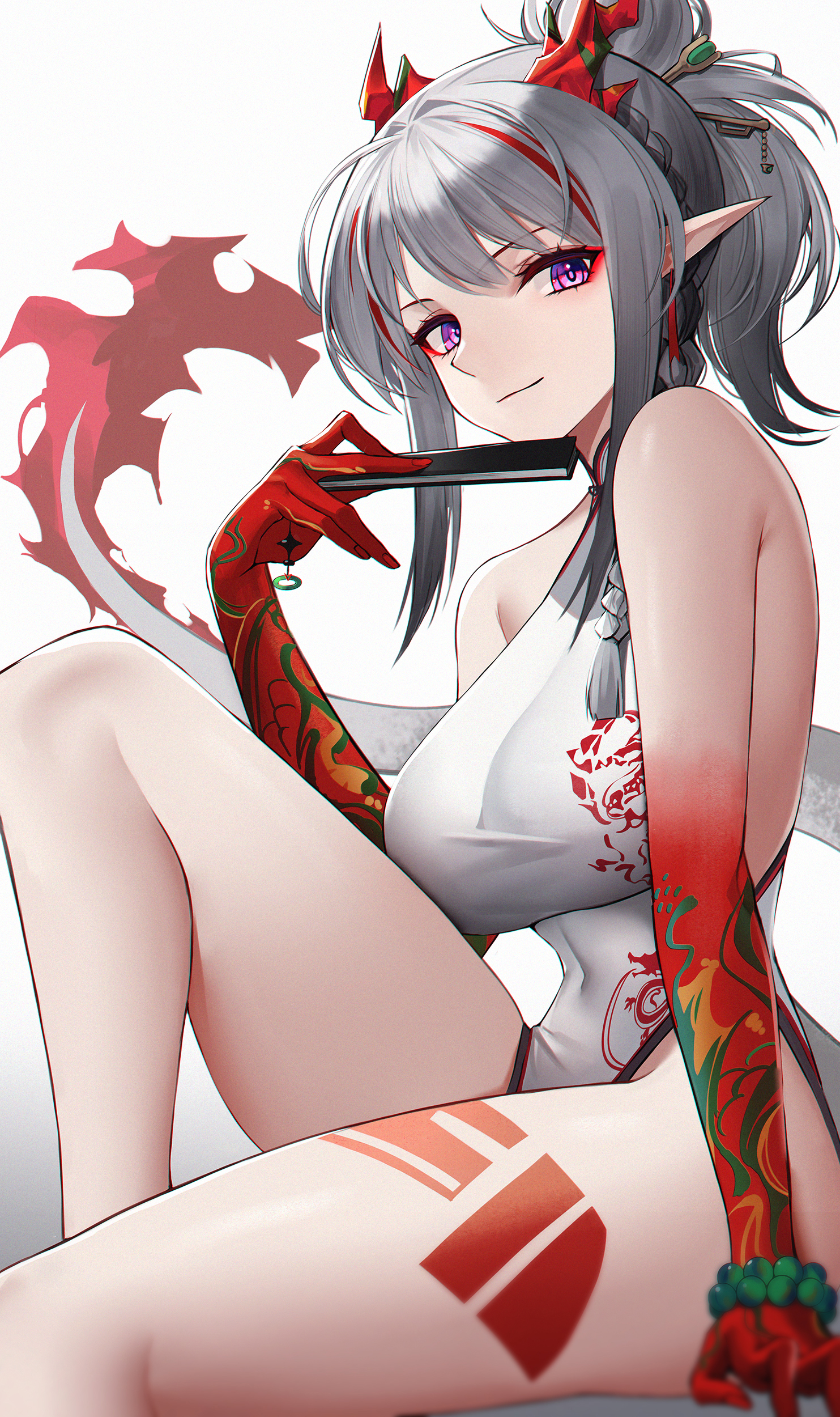 Anime 1483x2500 anime anime girls Arknights Nian(Arknights) Eternity (artist) portrait display thighs Chinese dress sitting looking at viewer smiling pointy ears two tone hair big boobs