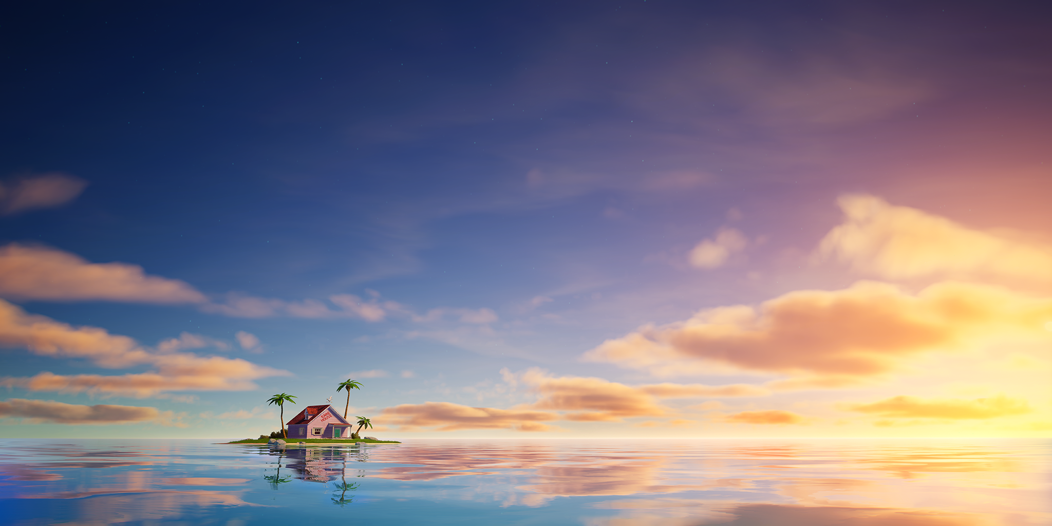 Anime 2048x1024 Dragon Ball reflection water clouds sky island house