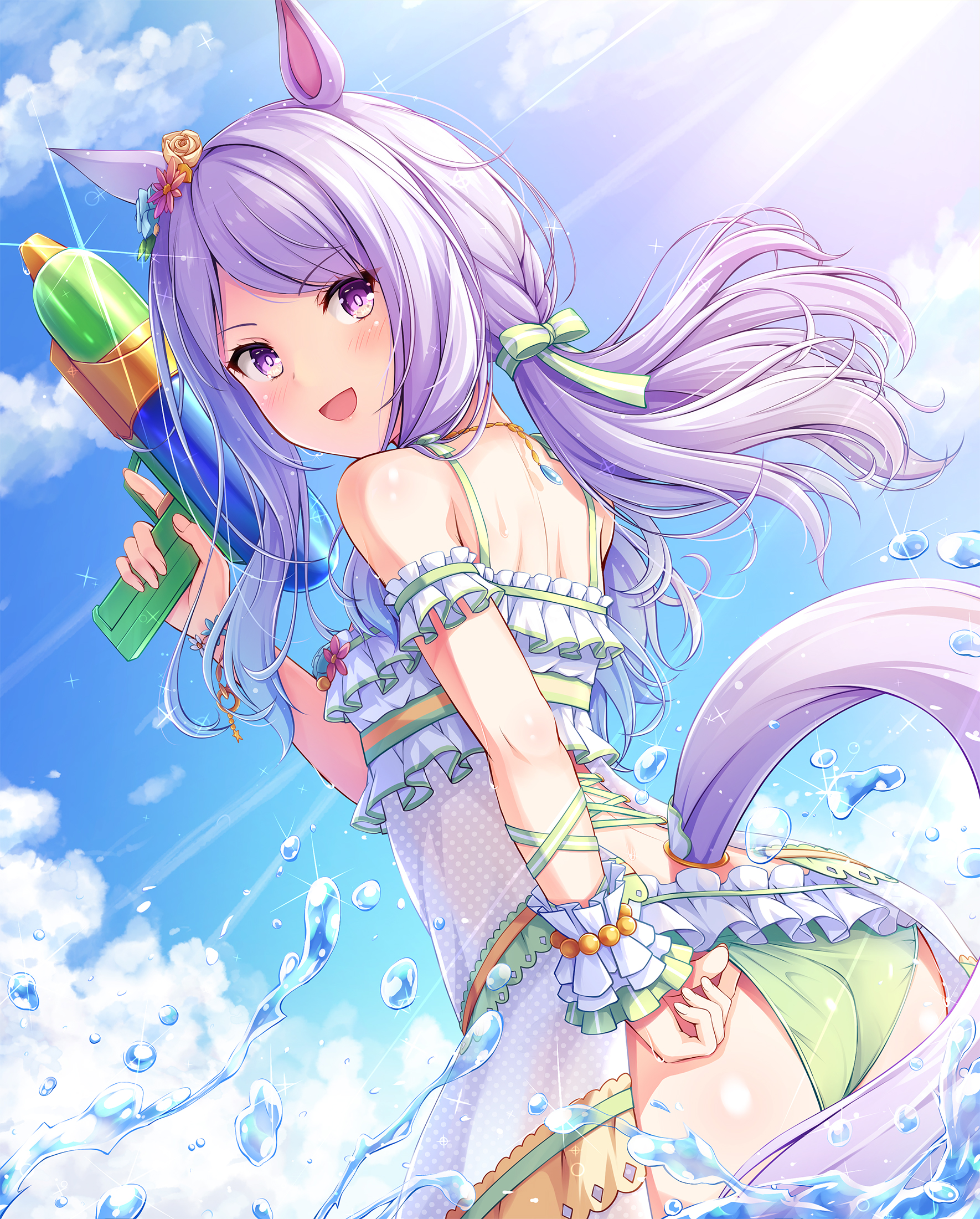 Anime 1770x2200 anime anime girls Uma Musume Pretty Derby horse girls animal ears Mejiro McQueen (Uma Musume) long hair purple hair solo artwork digital art fan art ass swimwear water girls with guns green bikini bikini bottoms bikini water splash in water women outdoors looking at viewer tail