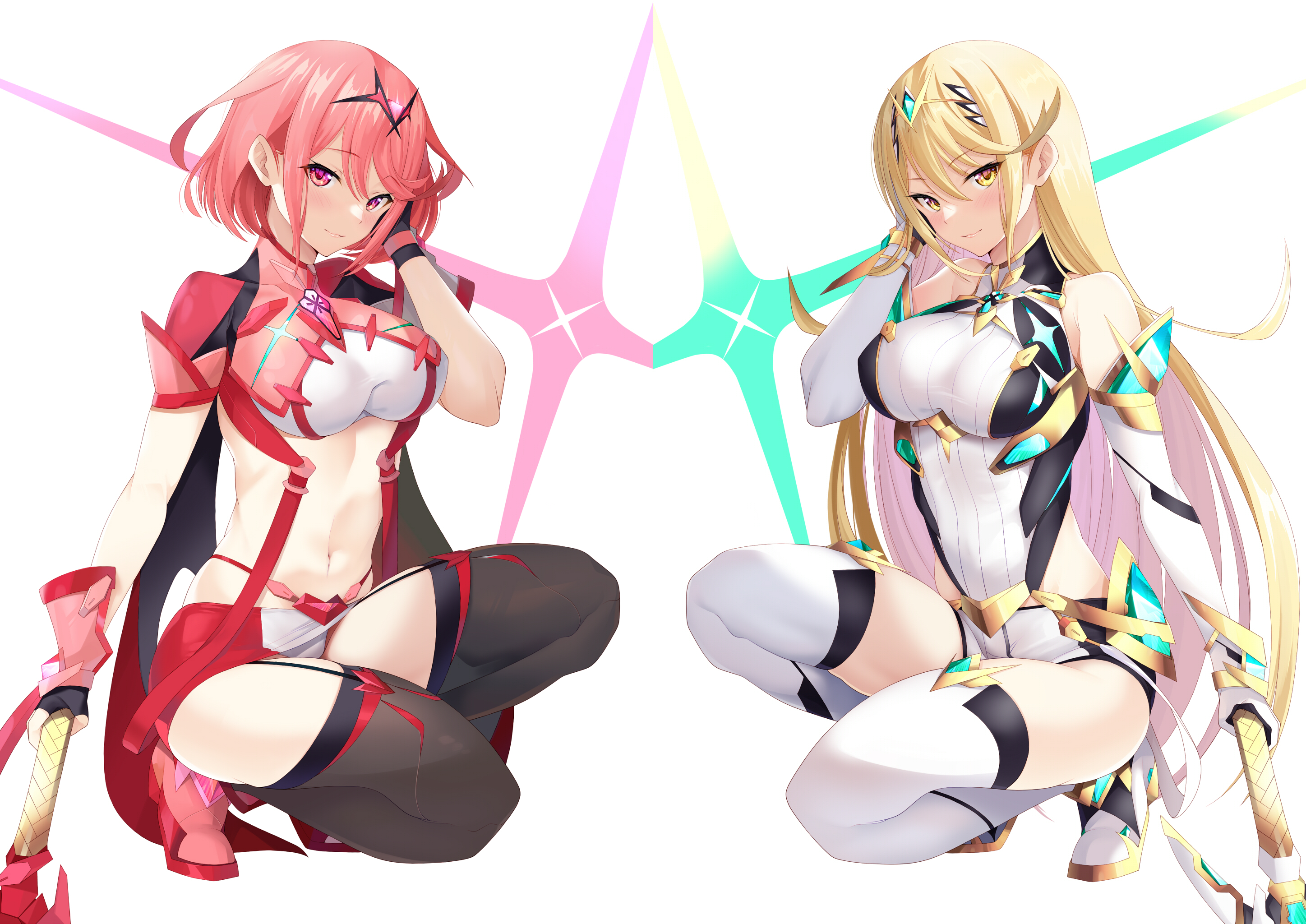 Anime 2895x2048 anime anime girls Xenoblade Chronicles Xenoblade Chronicles 2 Homura (Xenoblade 2) Hikari (Xenoblade Chronicles 2) redhead long hair blonde two women artwork digital art fan art video game girls anime games video games shoulder length hair boobs big boobs curvy stockings white stockings black stockings lingerie looking at viewer white background hair in face pink eyes yellow eyes belly