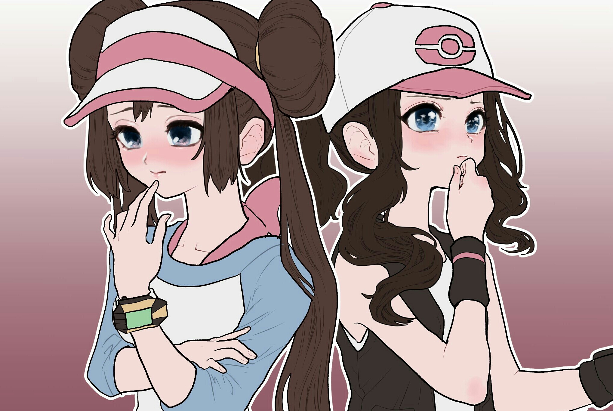 Anime 2038x1366 anime anime girls Pokémon Rosa (Pokémon) Hilda (Pokémon) long hair twintails ponytail brunette two women artwork digital art fan art hat