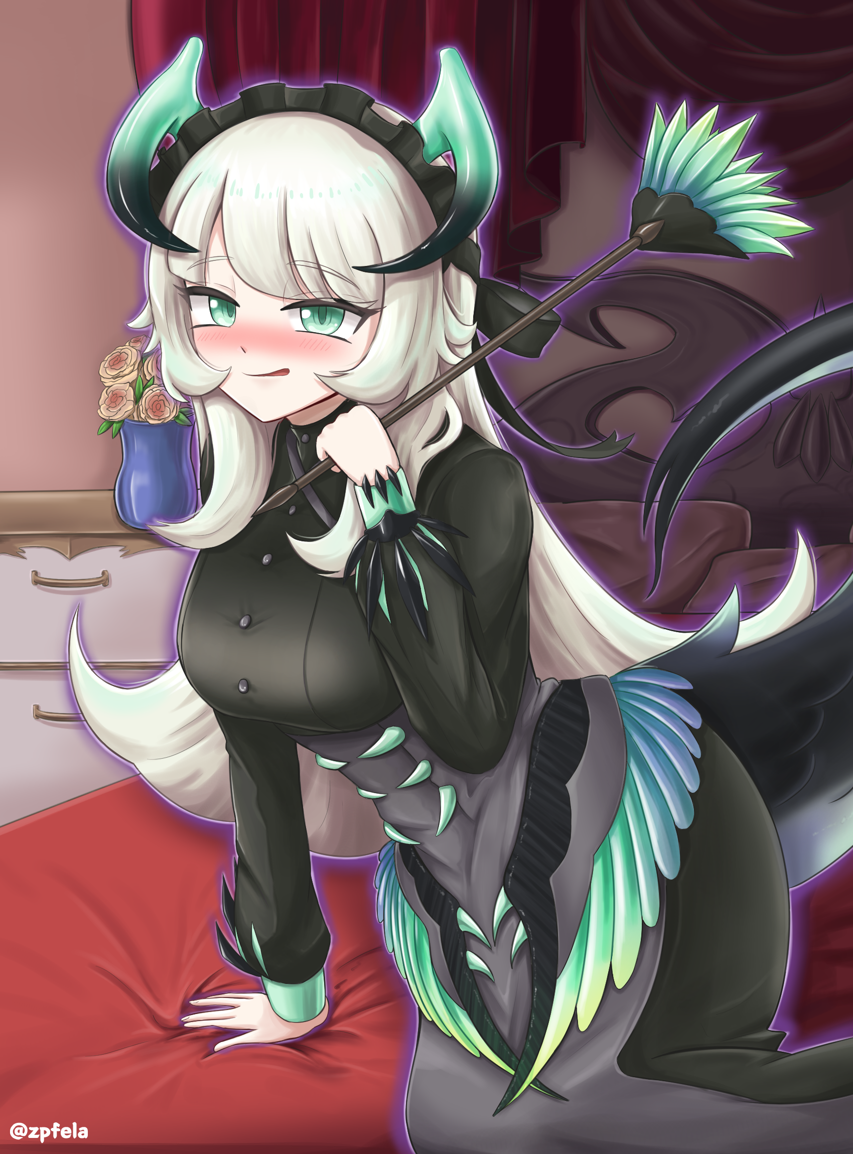 Anime 1700x2300 anime anime girls Trading Card Games Yu-Gi-Oh! Chamber Dragonmaid long hair maid maid outfit solo artwork digital art fan art women indoors tongue out green eyes blonde