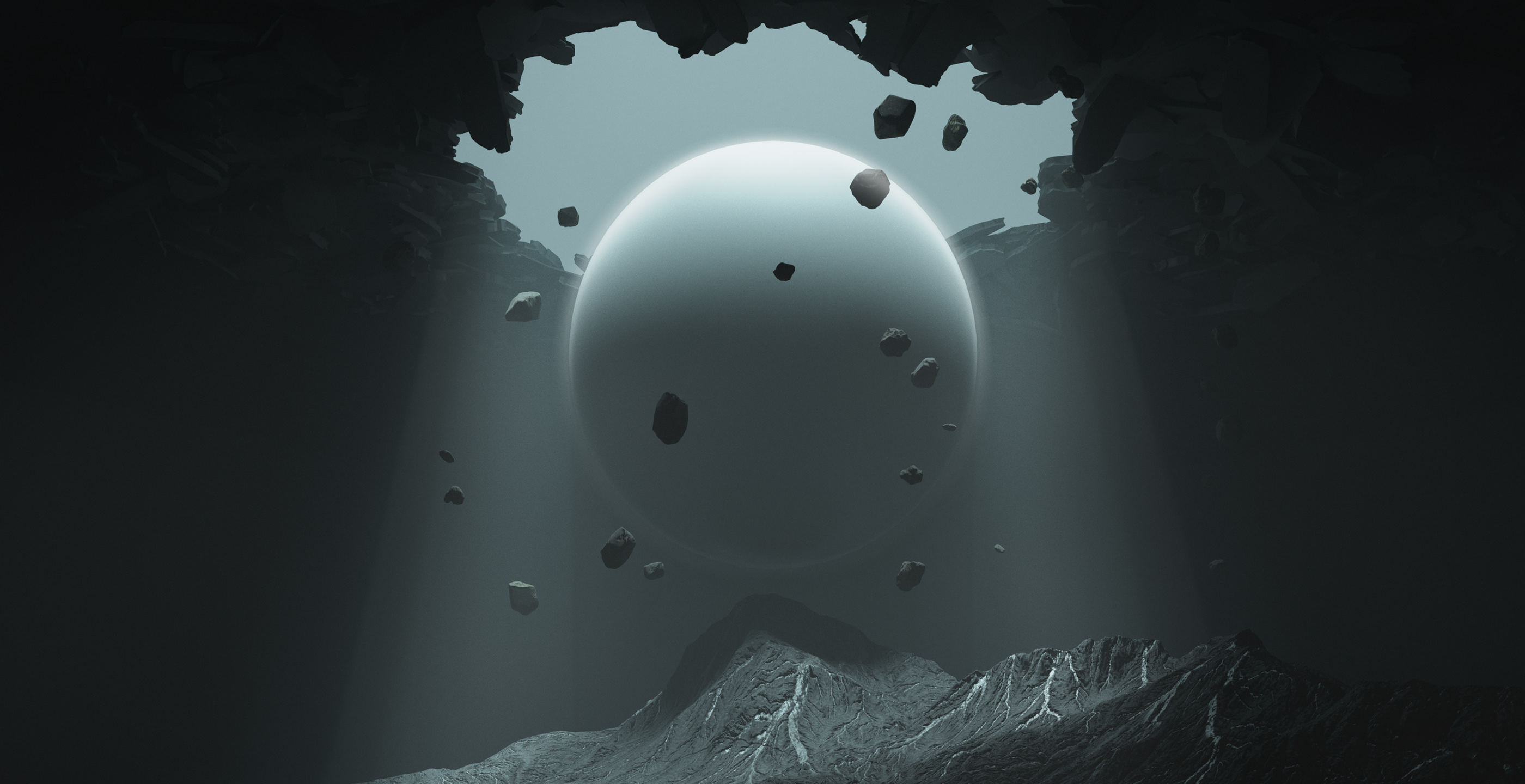 General 2800x1440 digital art artwork illustration CGI abstract cave destruction ball