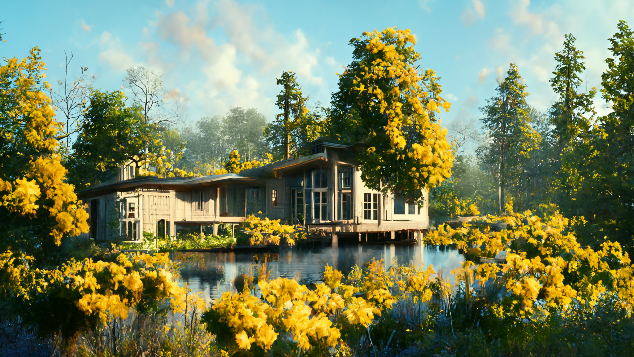 General 2048x1152 landscape forest flowers trees sea lake window house cottage bushes water AI art