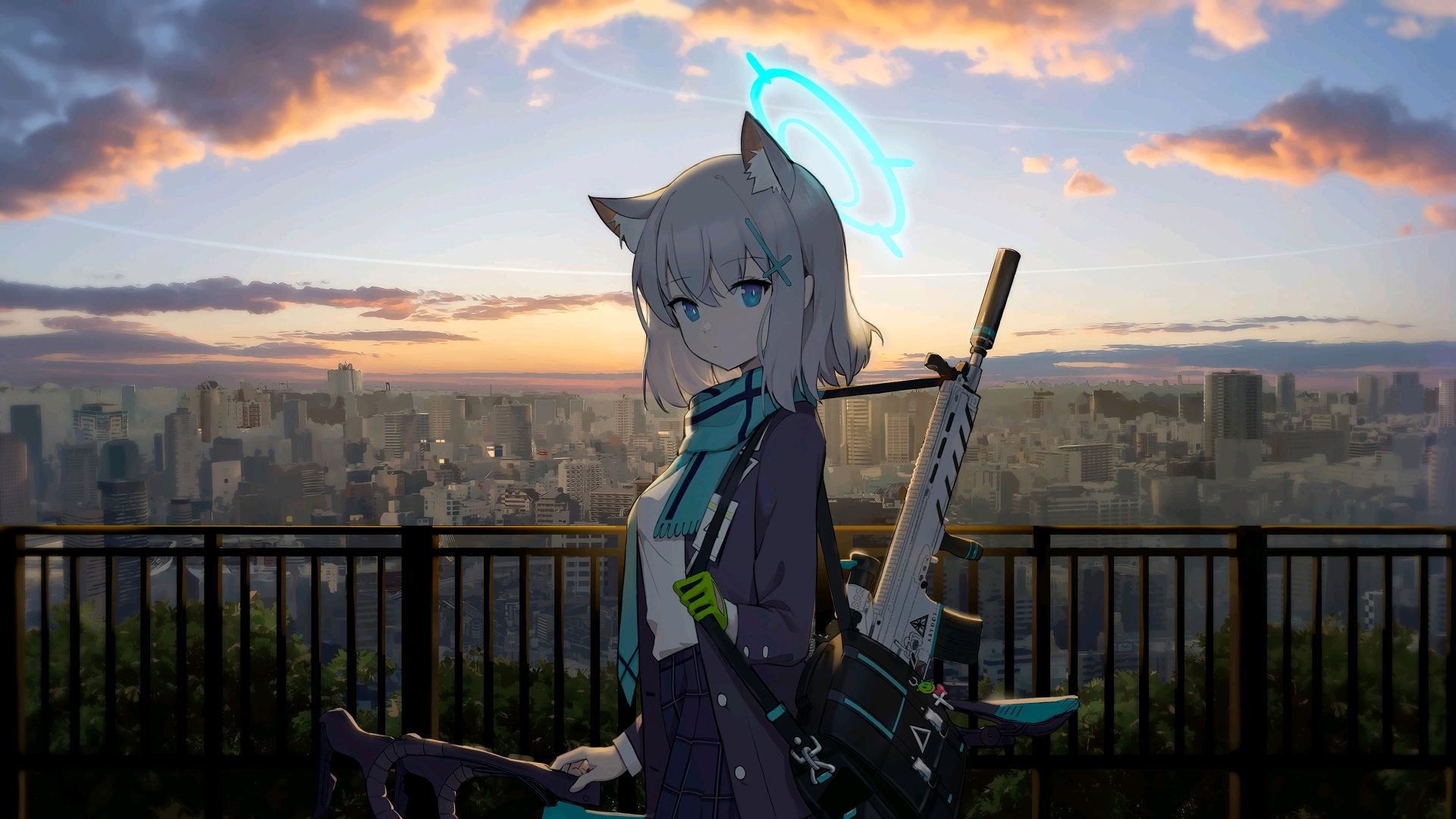 Anime 1920x1080 anime girls Blue Archive weapon cityscape