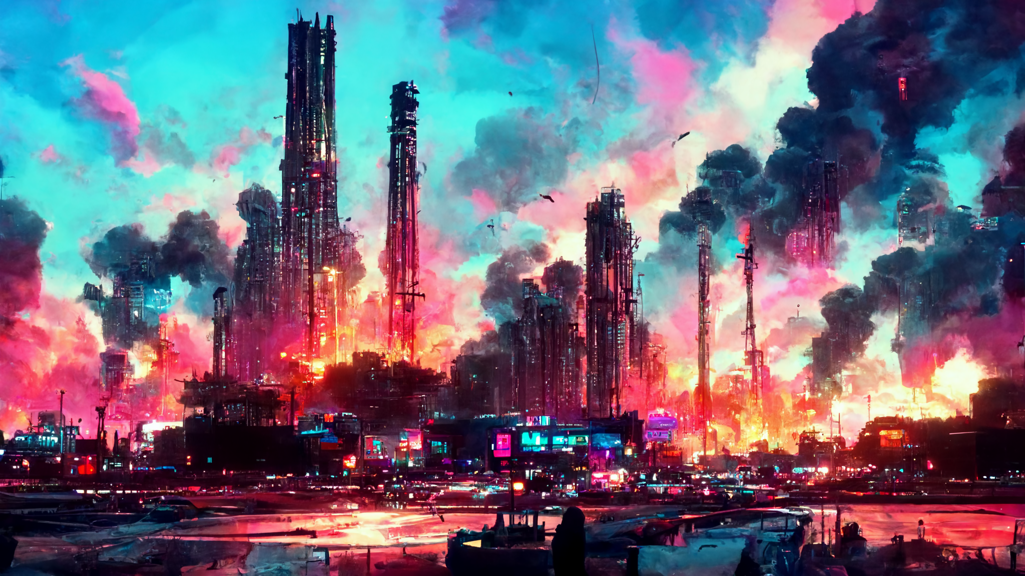 General 2048x1152 burning city cyberpunk bright evening building clouds pink red AI art