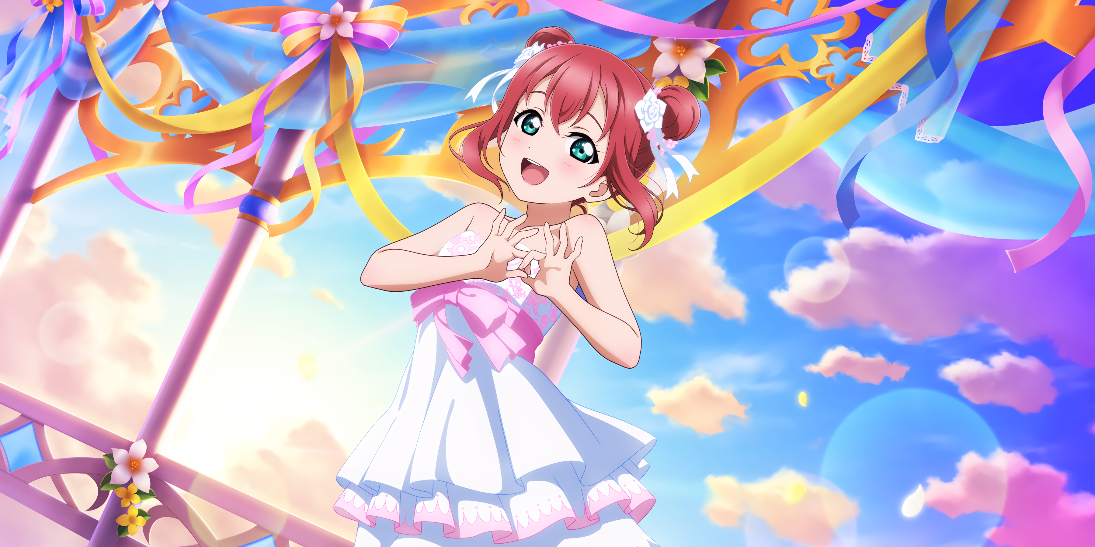 Anime 3600x1800 Kurosawa Ruby Love Live! Sunshine anime anime girls colorful dress open mouth aqua eyes sky