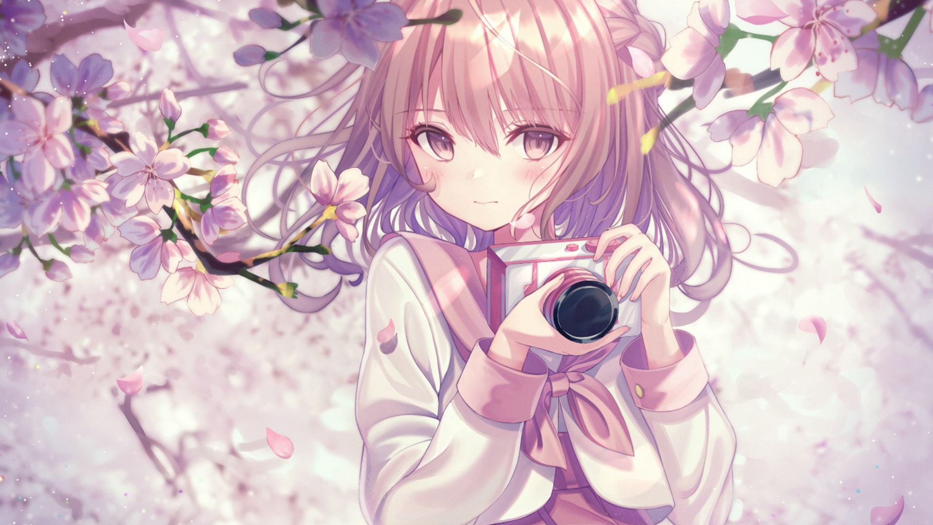 Anime 1920x1080 anime girls school uniform camera flowers looking at viewer pink hair cherry trees pink eyes petals