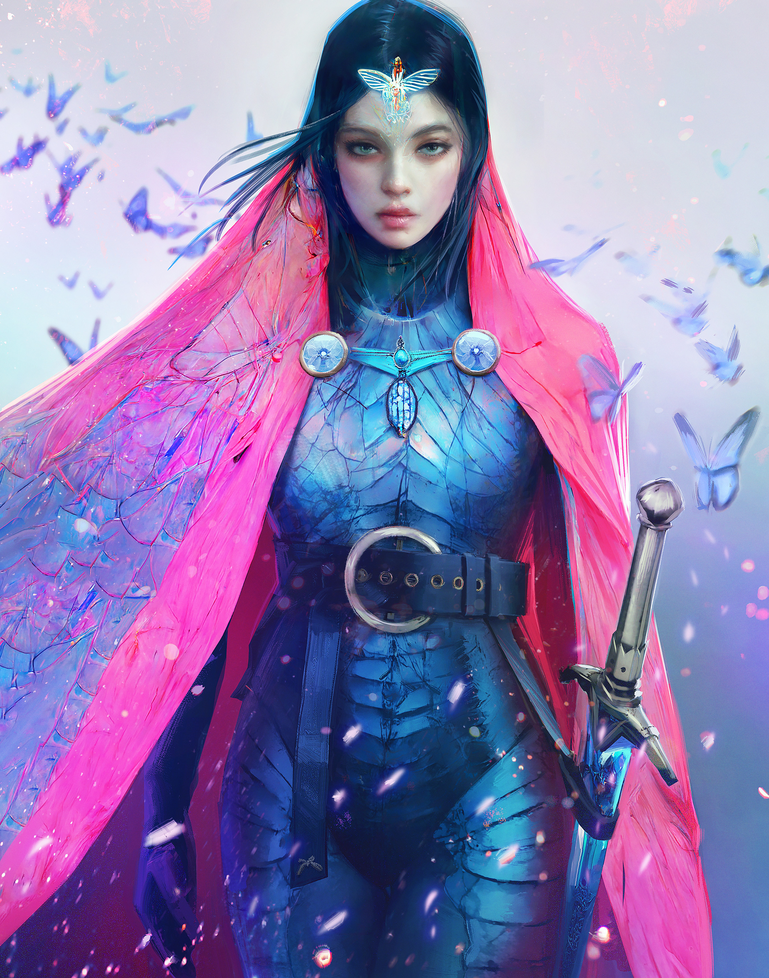 General 2515x3200 artwork fantasy art fantasy girl butterfly animals insect armor fantasy armor sword weapon women with swords black hair looking at viewer