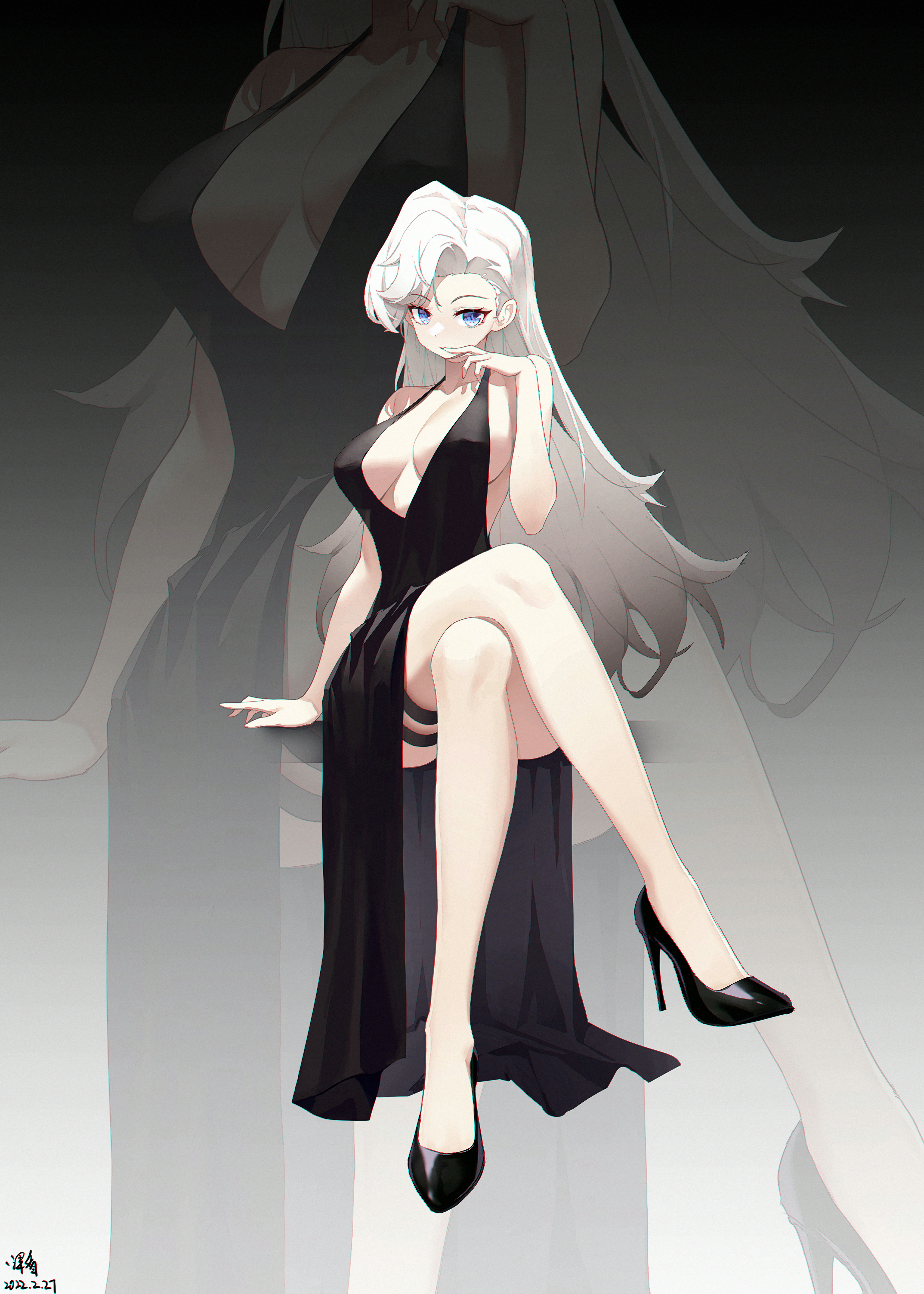 Anime 5000x7000 anime anime girls digital art artwork 2D portrait portrait display petite looking at viewer black dress white hair high heels legs crossed big boobs dress