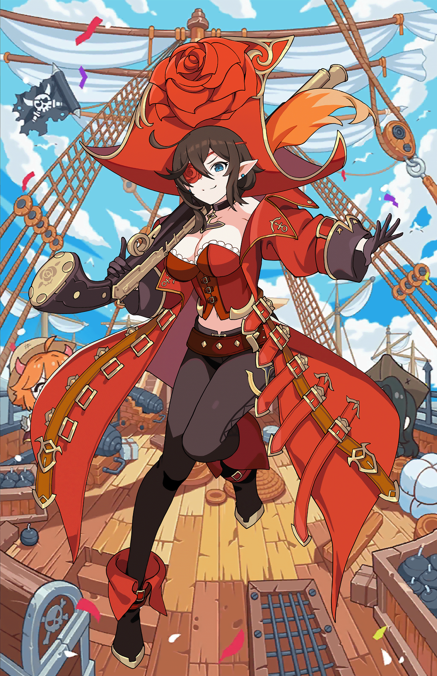 Anime 1799x2778 Guardian Tales Rachel (Guardian Tales) pirates weapon girls with guns pointy ears smiling blue eyes fantasy art fantasy girl