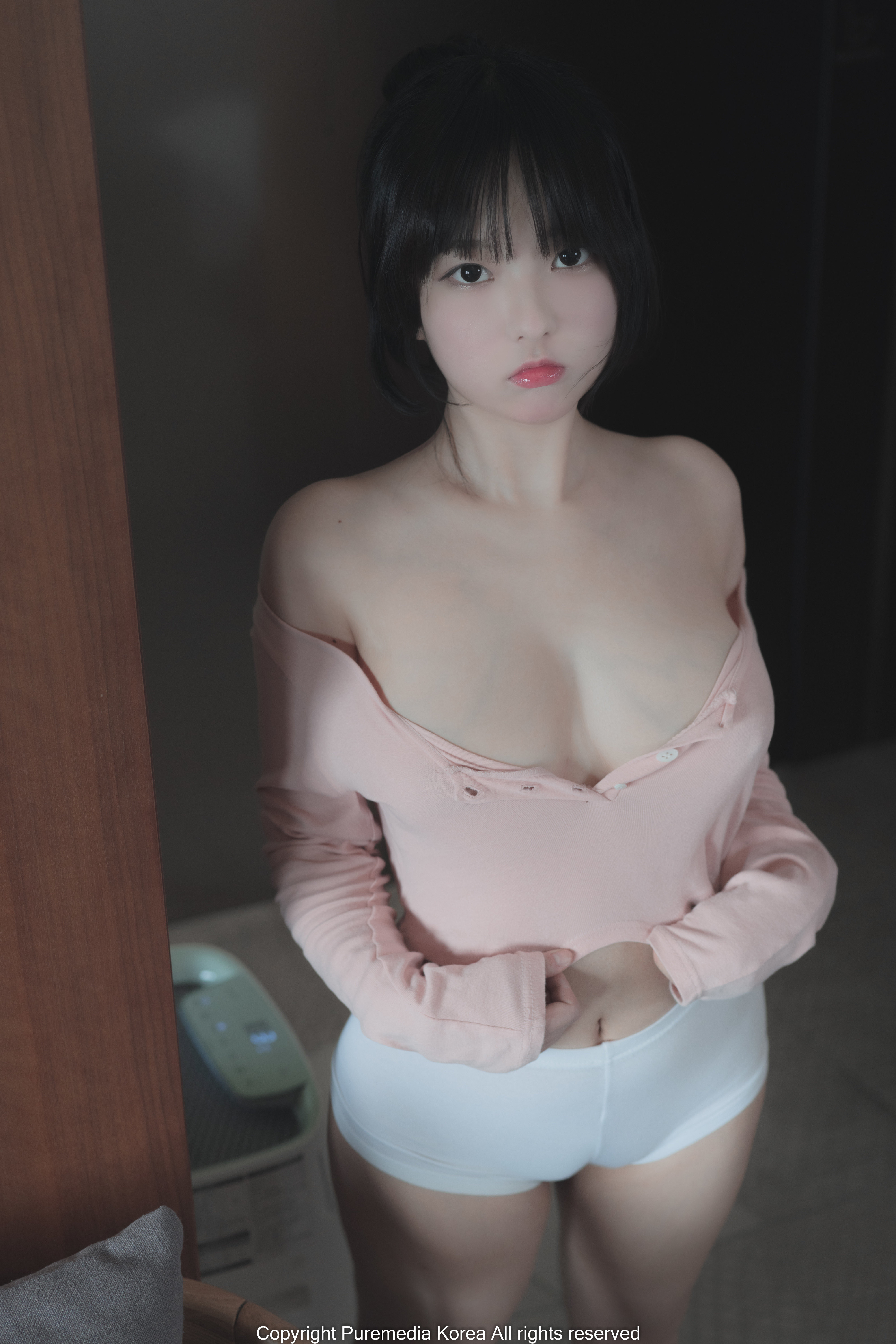People 4000x6000 Han Som Pure Media women model Asian Korean women pink tops panties white panties women indoors brunette bare shoulders no bra cleavage cameltoe