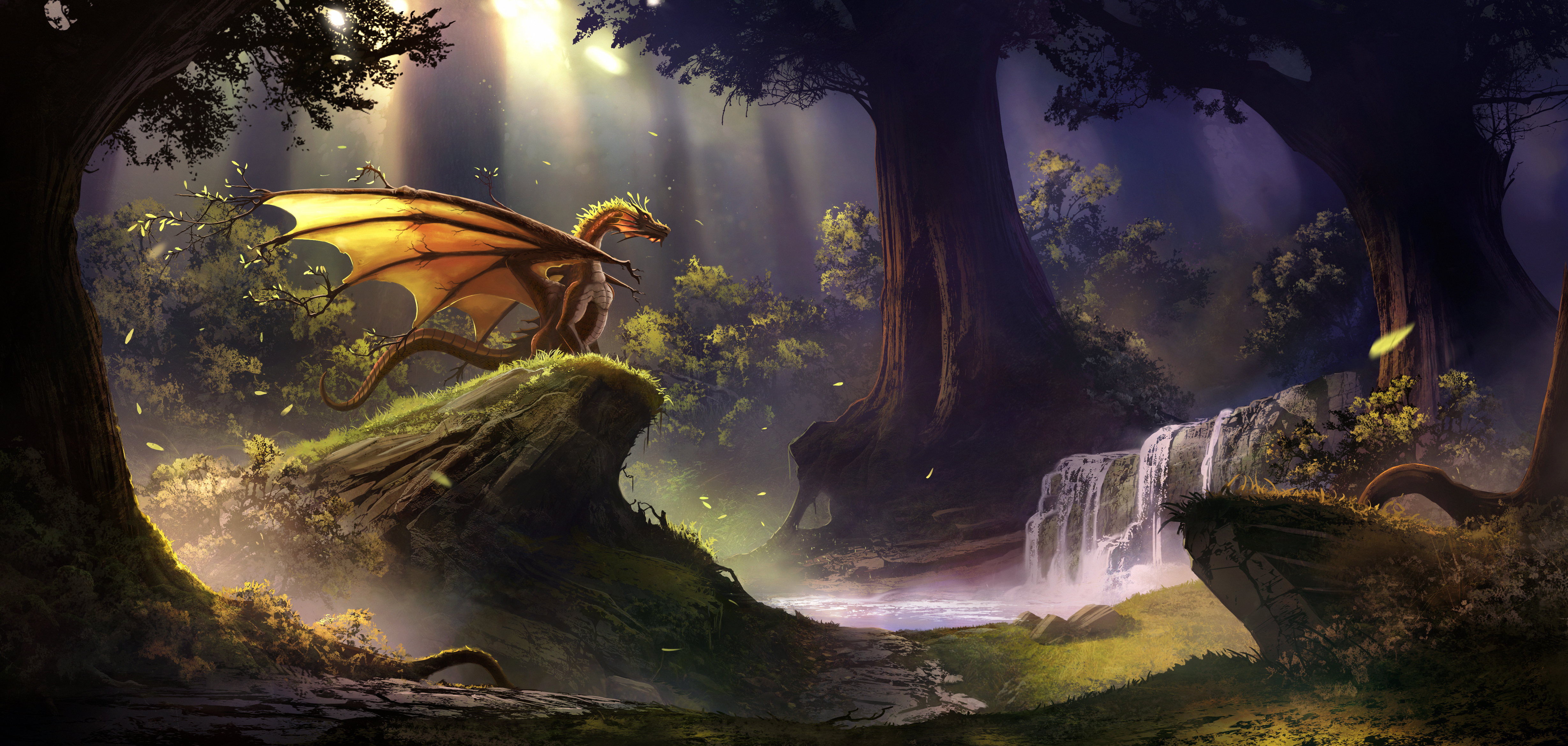 General 4917x2338 dragon forest trees fantasy art artwork river creature