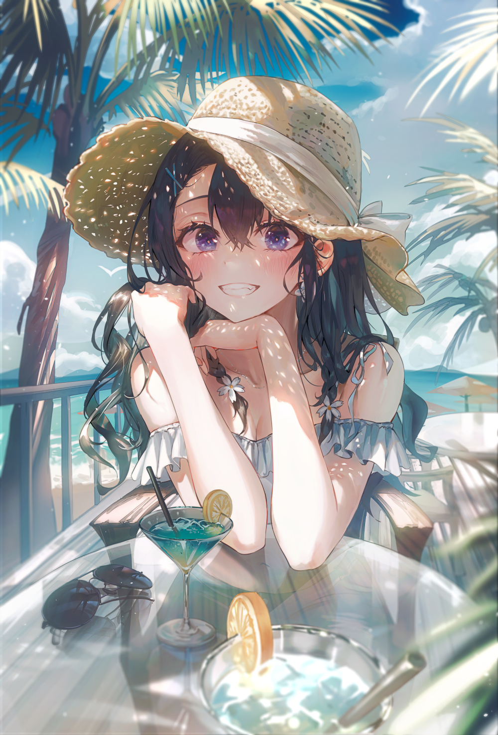 Anime 1000x1475 anime anime girls straw hat hat drink beach sun dress smiling artwork Tokkyu (artista) cocktails palm trees sunglasses black hair purple eyes cleavage