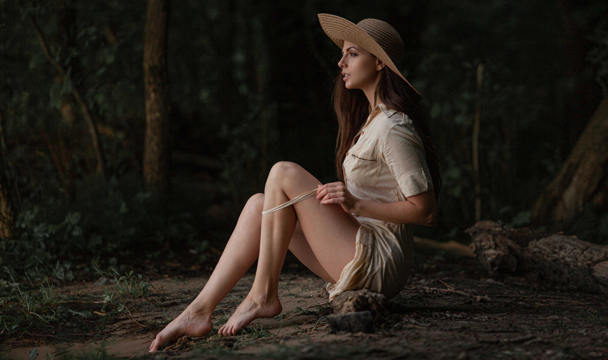 People 2048x1213 Andrey Frolov women Tatiana Vanyasheva hat brown clothing profile barefoot nature forest model legs women outdoors