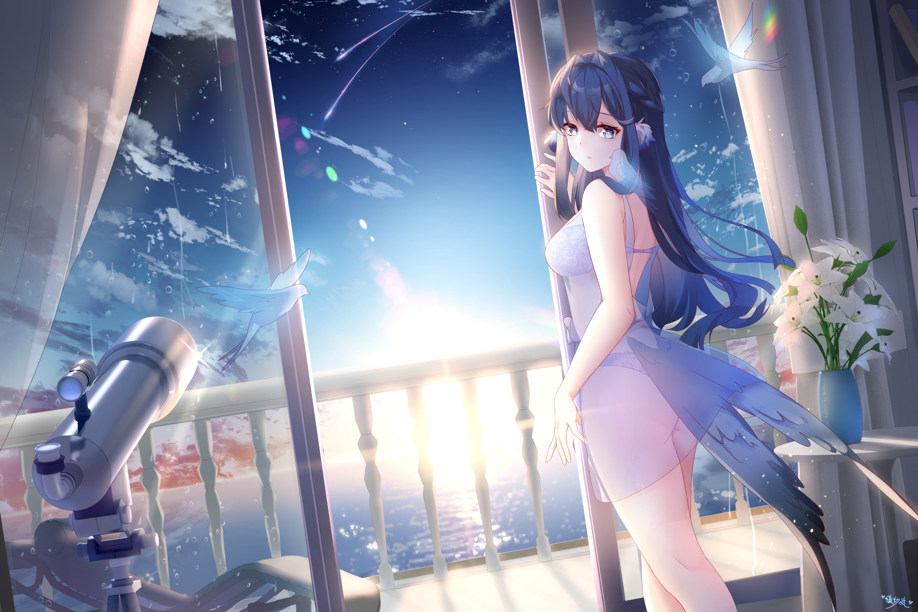 Anime 3500x2333 anime anime girls blue hair blue eyes see-through lingerie underwear sky Astesia (Arknights) Arknights balcony looking back telescope Lingshalan lens flare birds looking at viewer