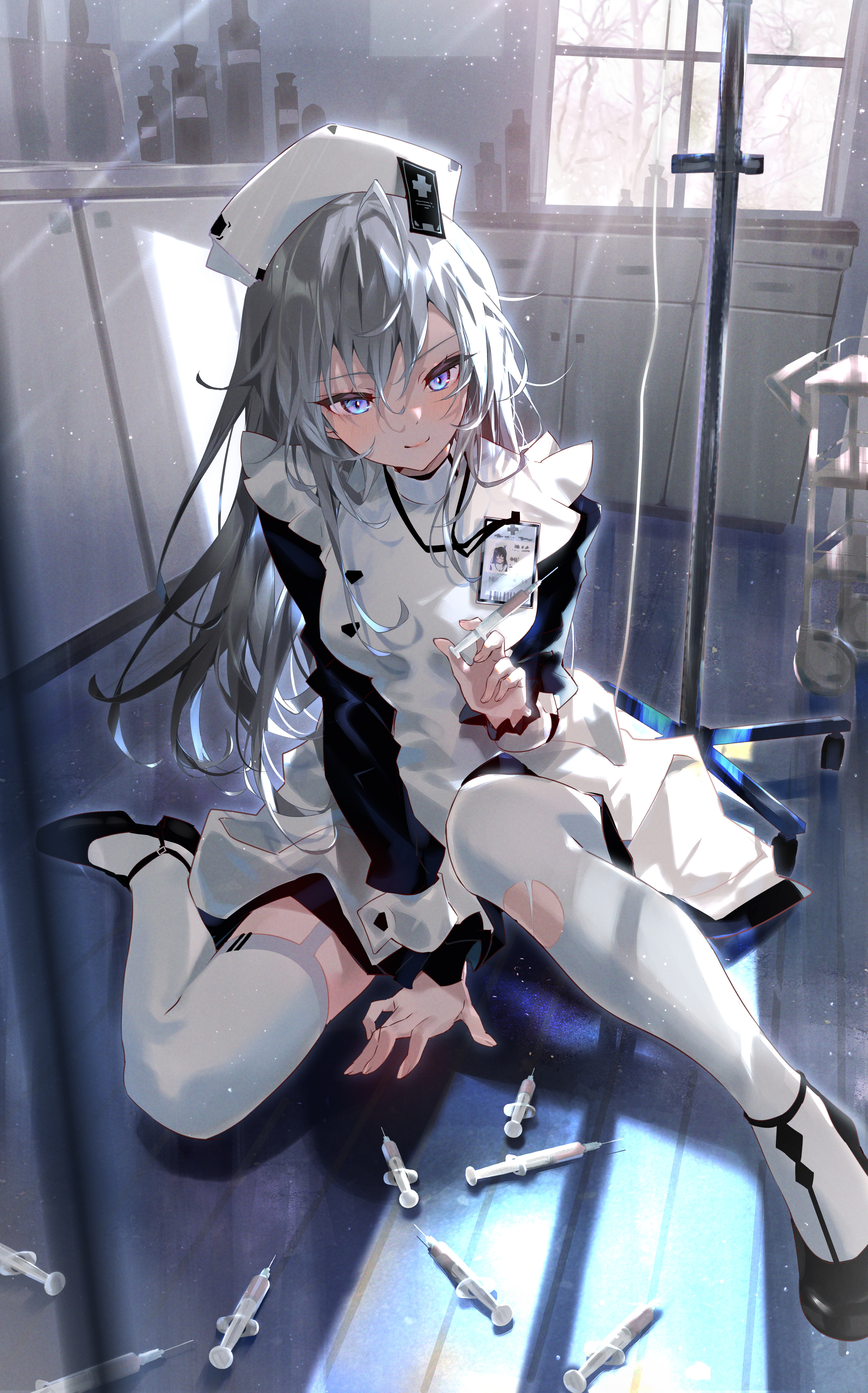Anime 2955x4741 anime anime girls nurses nurse outfit needles stockings blue eyes gray hair artwork Arutera