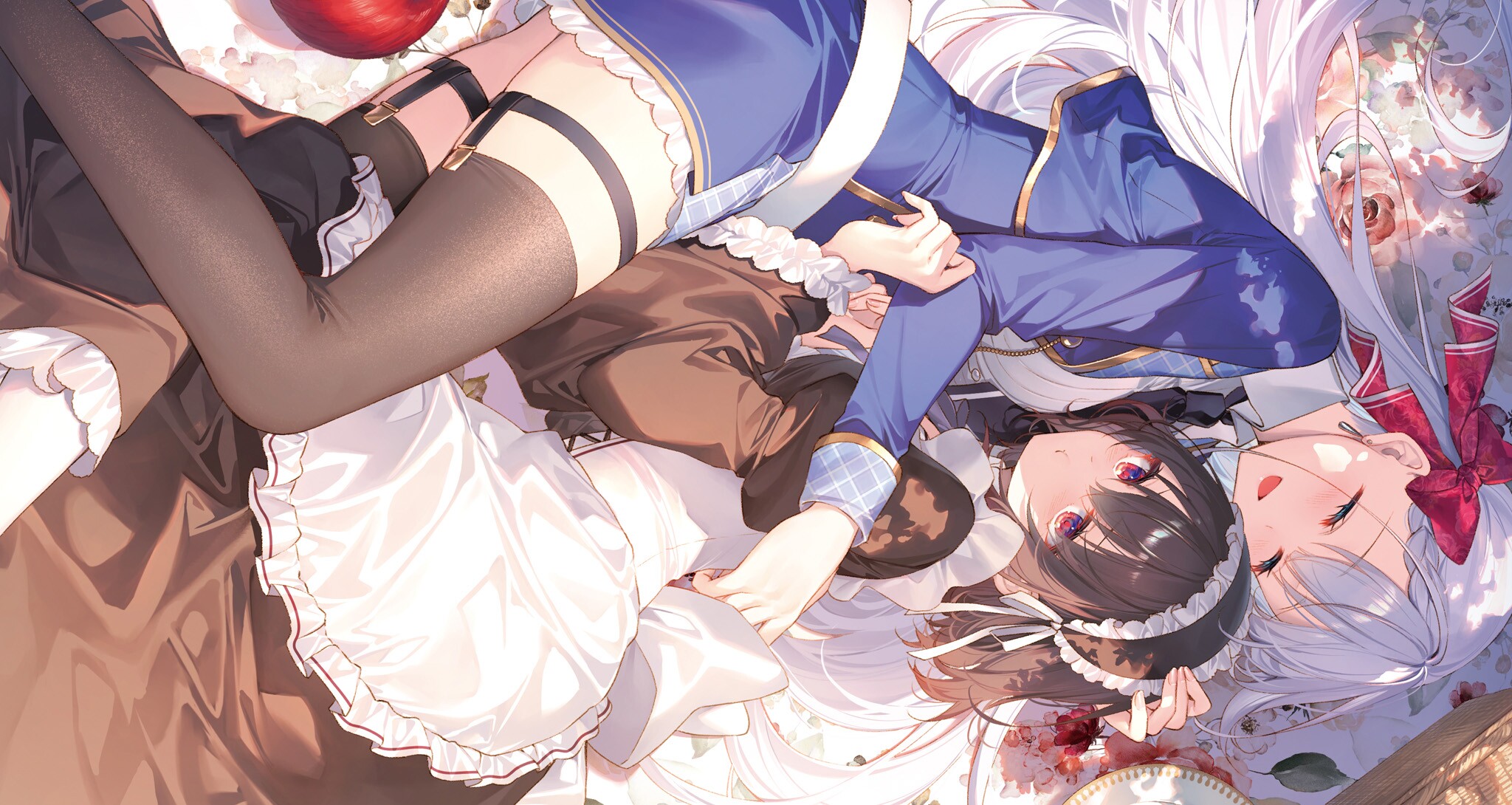 Anime 2048x1090 anime anime girls maid maid outfit closed eyes red eyes stockings white hair