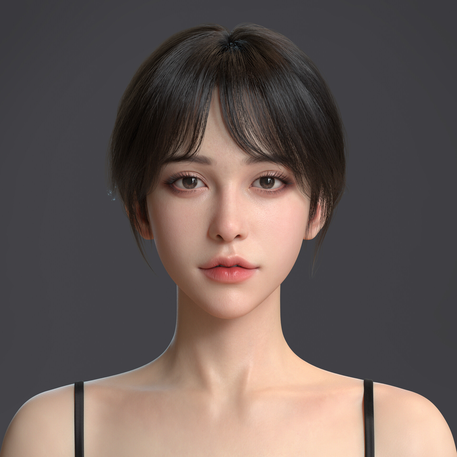 General 1920x1920 digital art artwork ArtStation CGI women portrait face Asian gray background simple background brunette looking at viewer pale