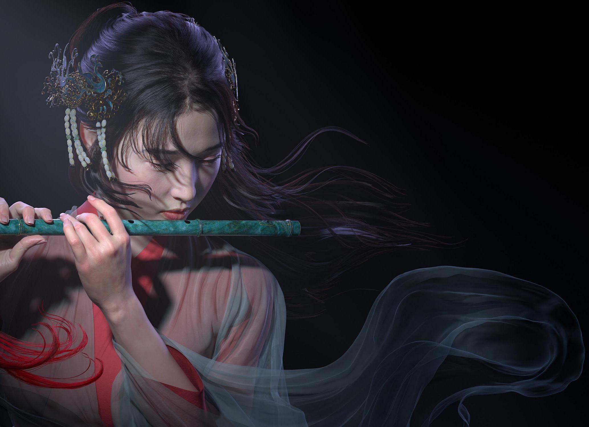 General 2066x1500 Haidara CGI artwork original characters Asian flute women