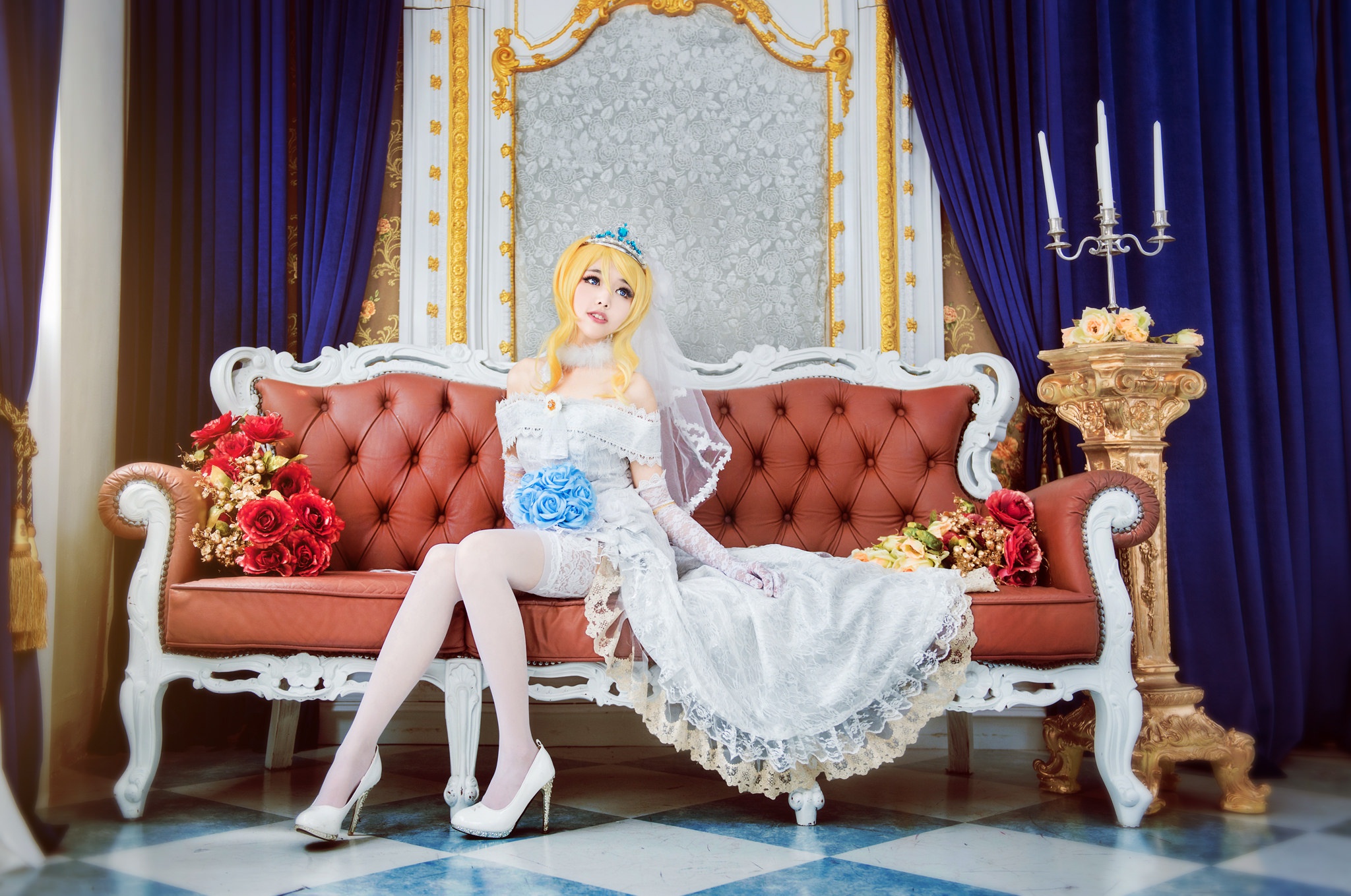 People 2048x1359 Asian model women long hair blonde couch candle holder candles curtains white high heels nylons dress veils crown flowers bare shoulders sitting