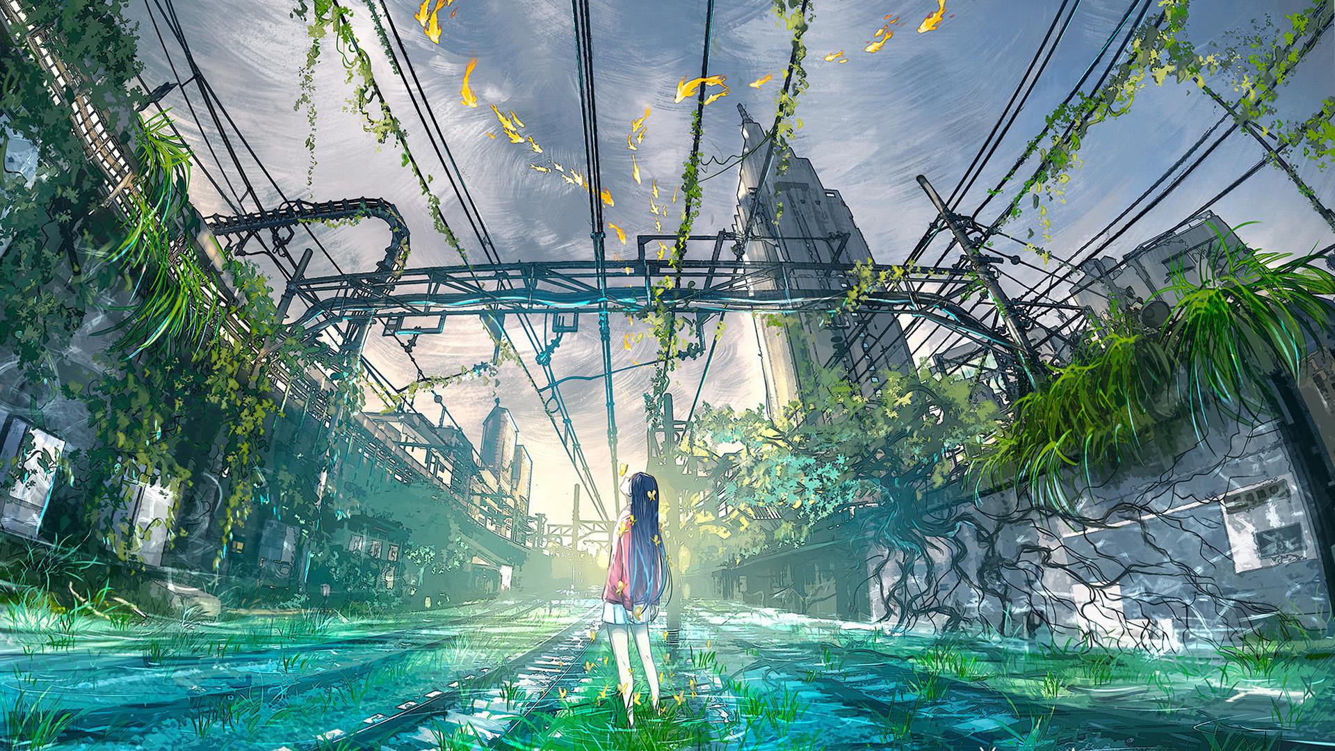 Anime 1920x1080 future forest city sky Yuumei anime girls