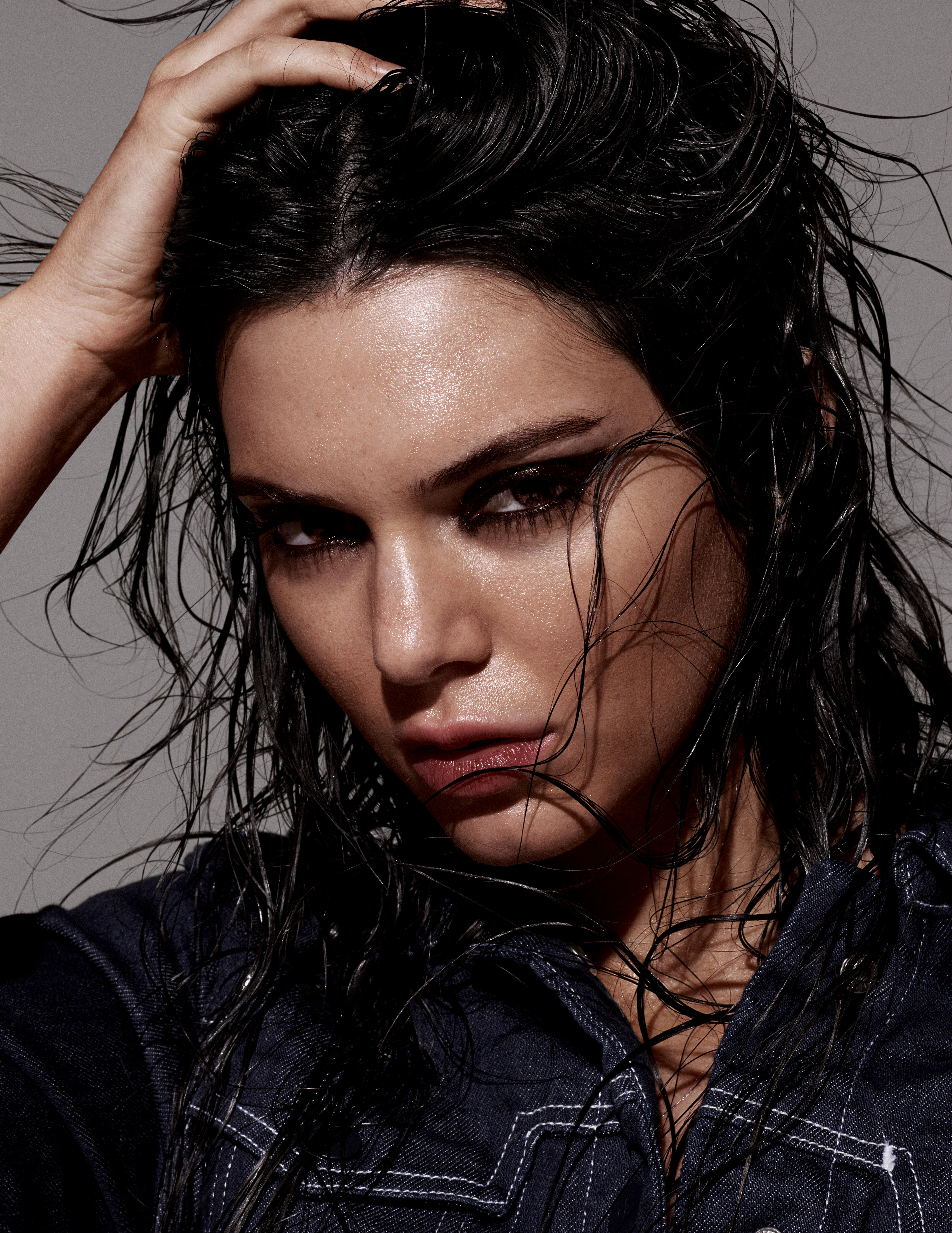 People 4791x6205 Kendall Jenner women model dark hair wet face simple background closeup portrait display