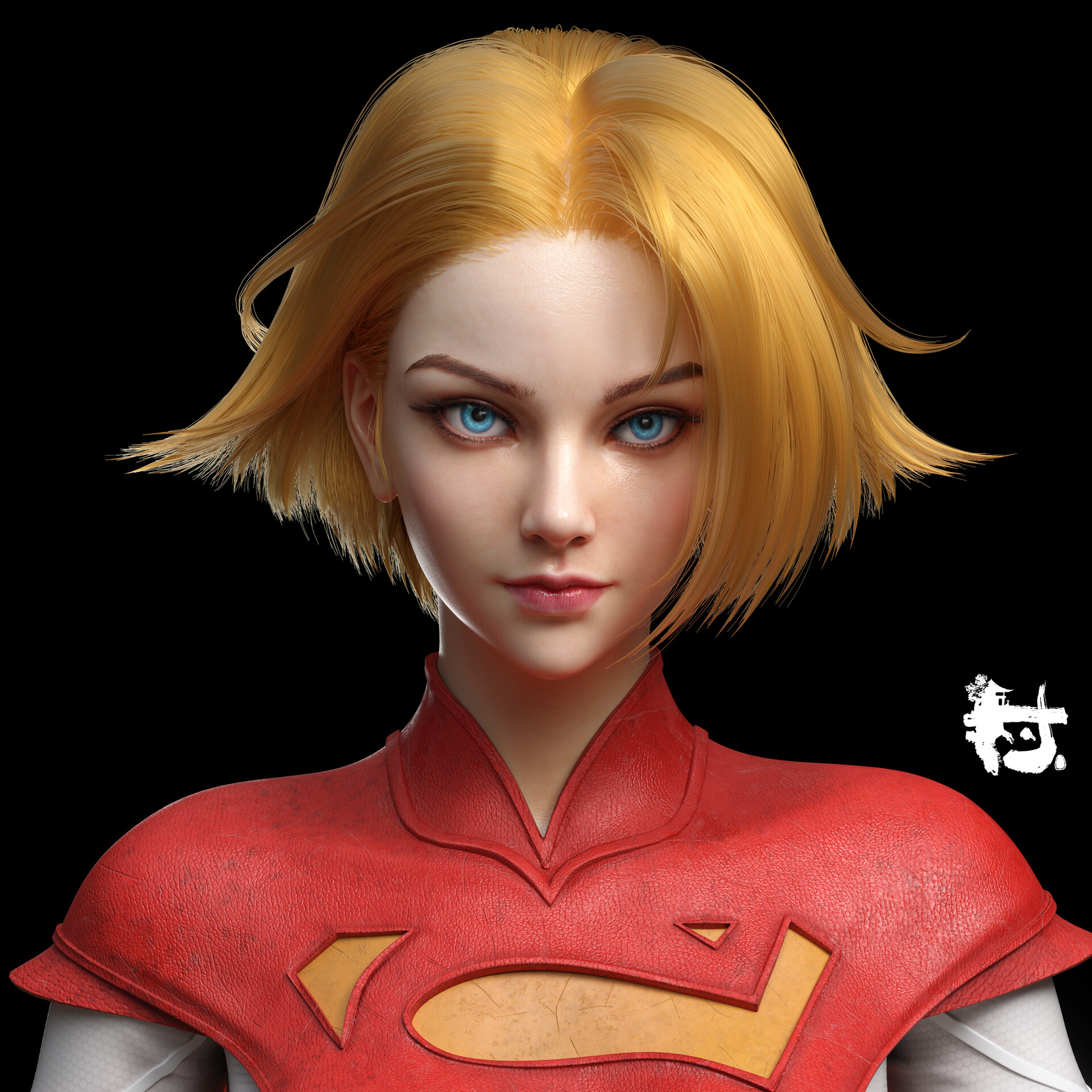 General 1920x1920 Chen Cunkou women Supergirl blonde blue eyes short hair portrait digital art simple background CGI