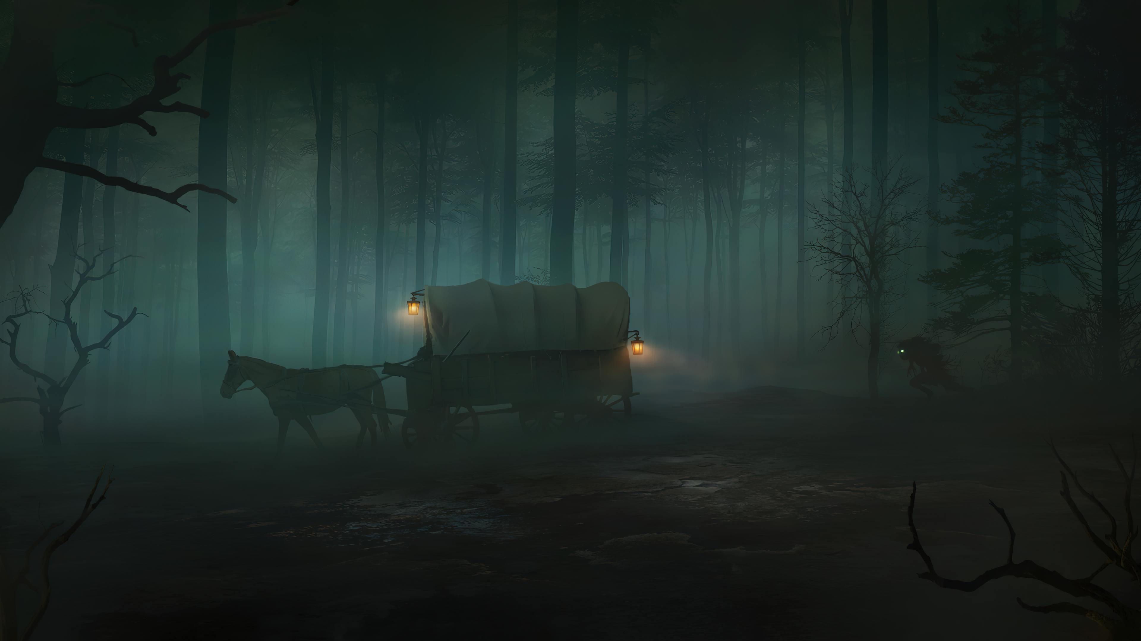 General 3840x2160 horse lamp lantern forest night creature mist dark digital art low light
