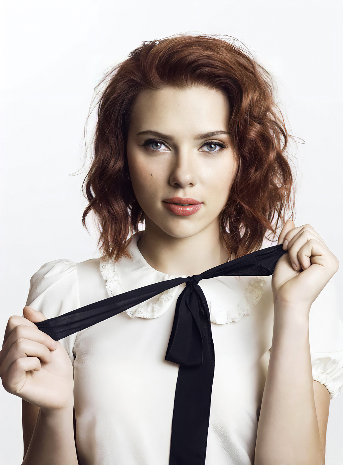 People 1108x1500 Scarlett Johansson women actress short hair white background blue eyes