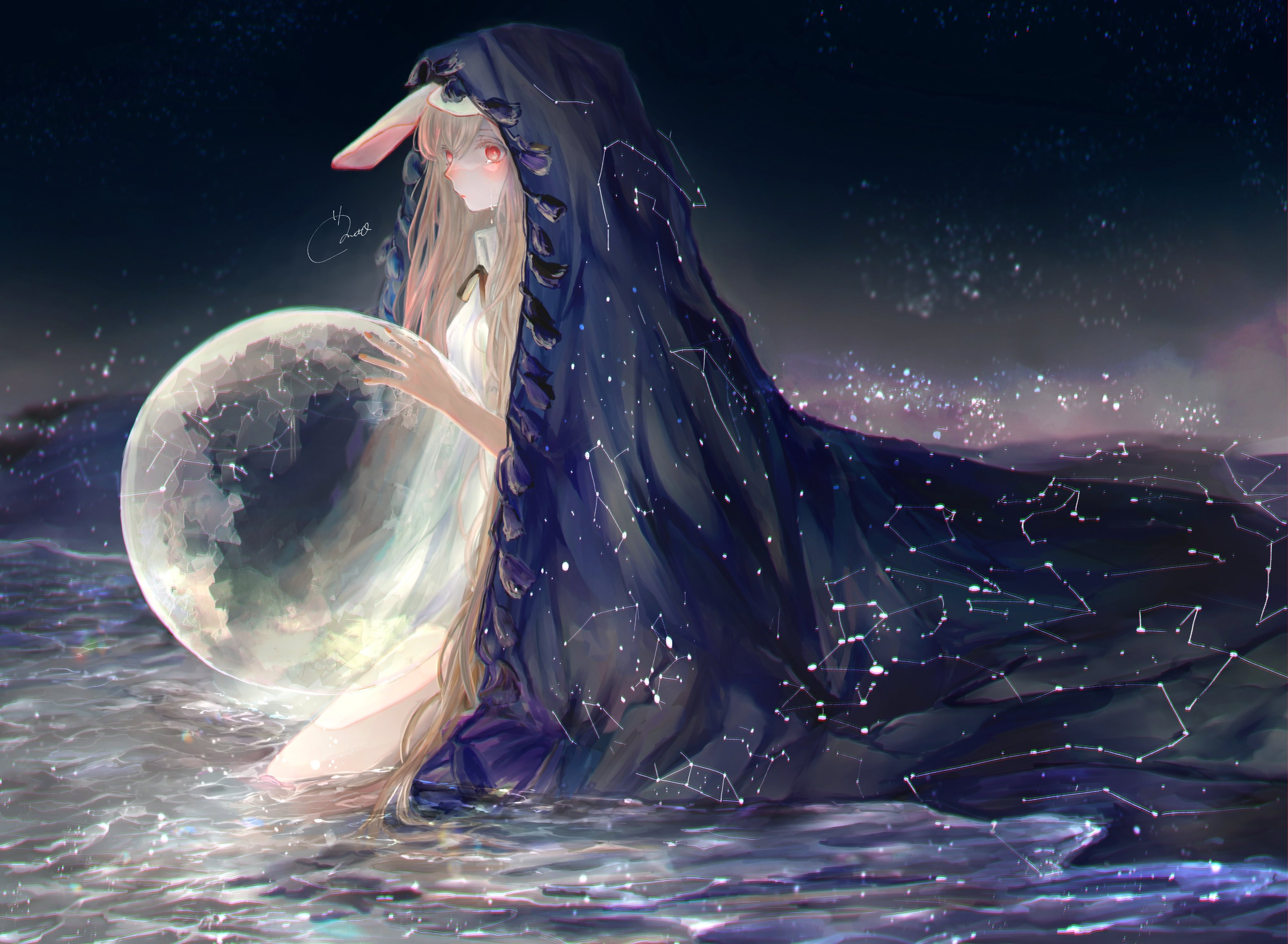 Anime 4096x3005 anime anime girls planet bunny ears blonde long hair in water space stars red eyes cape fantasy art
