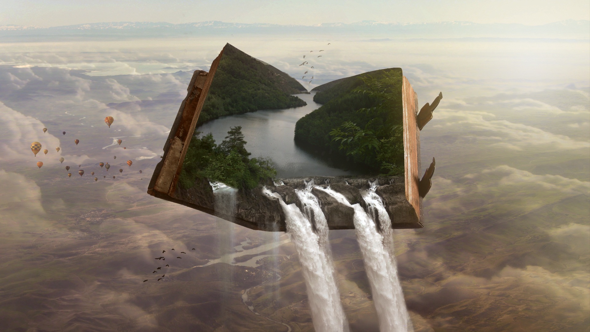General 1920x1080 nature waterfall books hot air balloons landscape river forest photoshopped