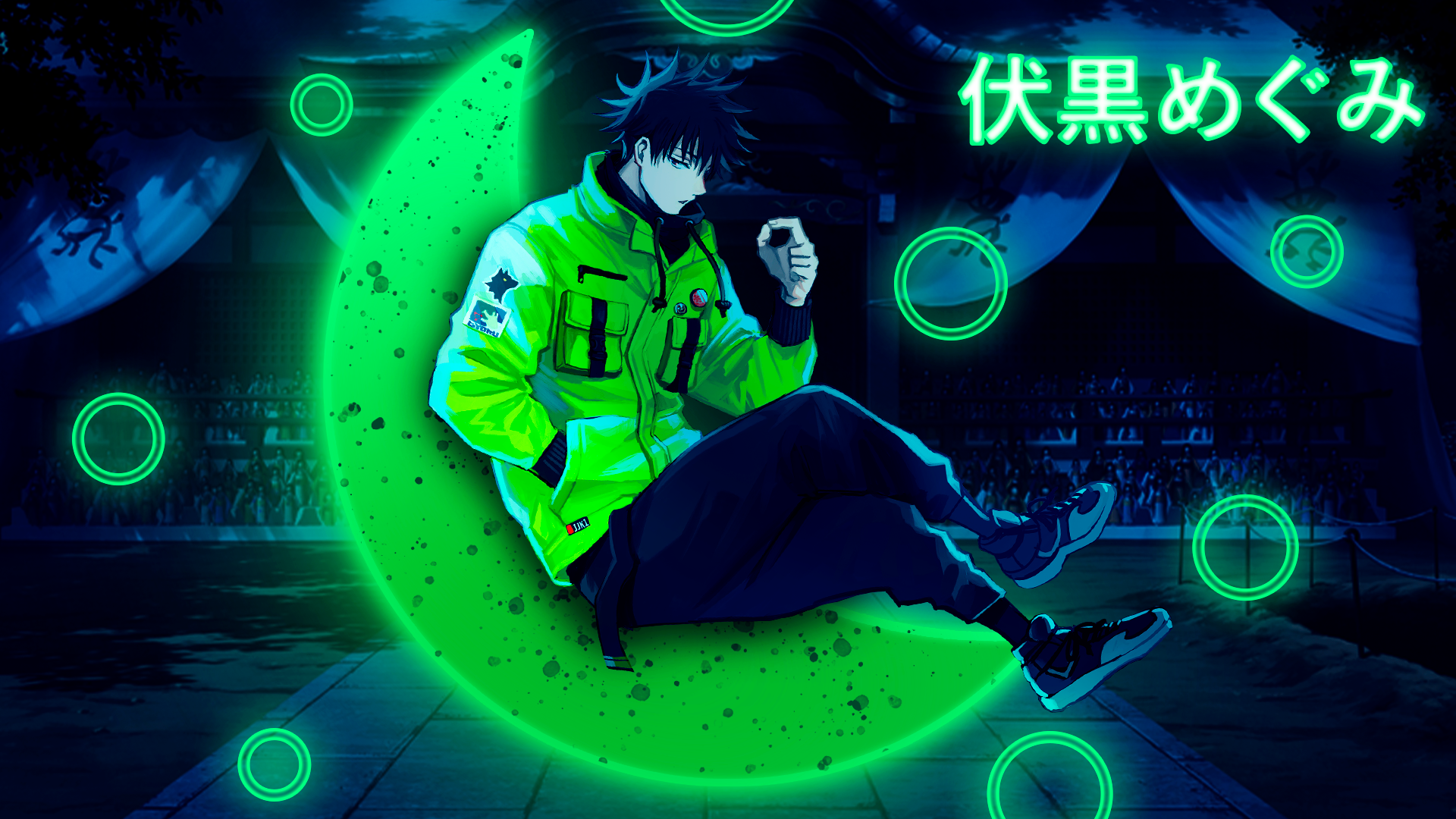Anime 1920x1080 Megumi Fushiguro Jujutsu Kaisen glowing circle crescent moon green jacket anime boys kanji