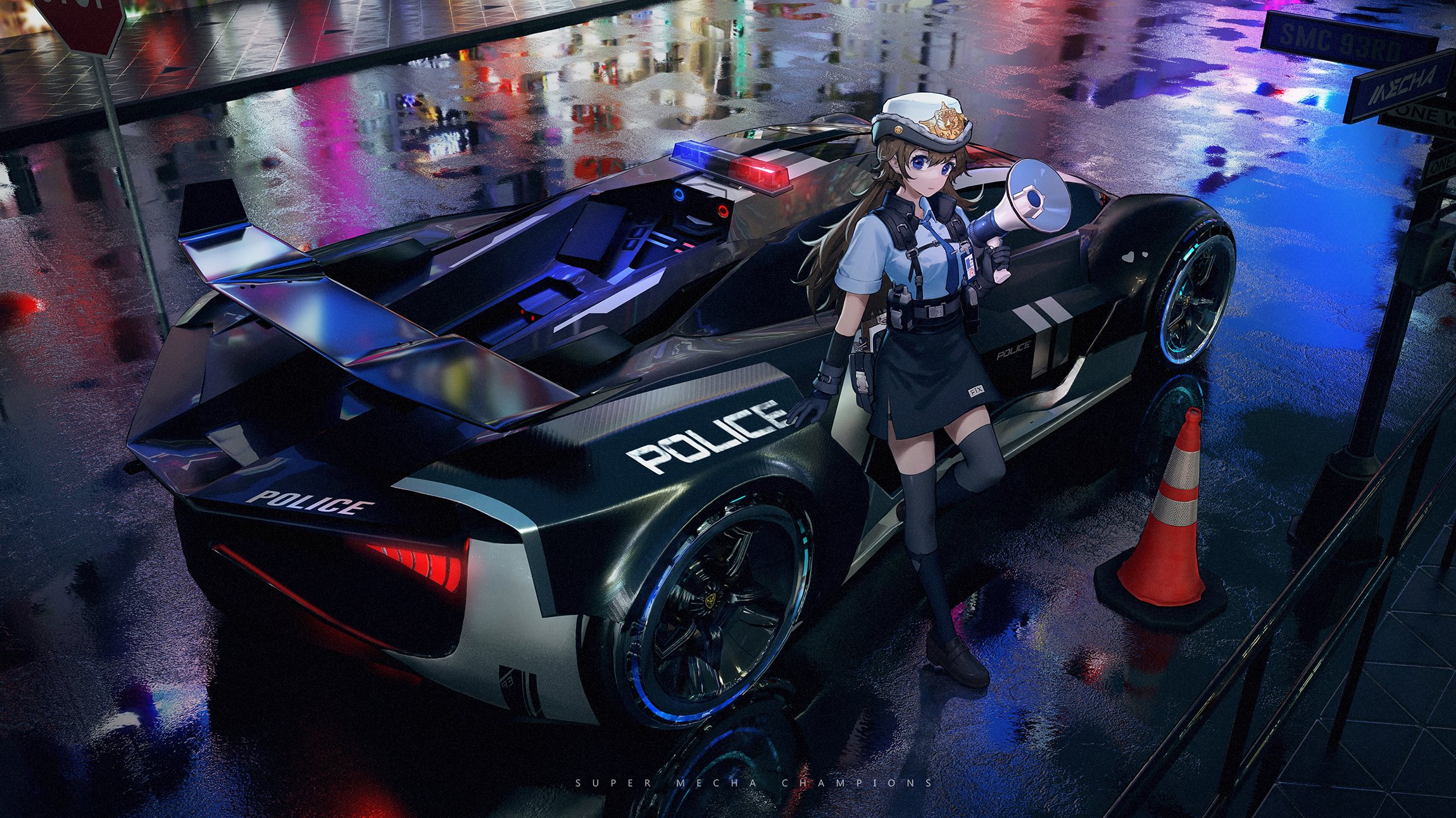 Anime 2300x1292 anime girls police cars night Wang Xi original characters thighs police costume city lights 2D anime brunette long hair high angle blue eyes looking at viewer police women car vehicle leaning women with cars hat uniform wet street