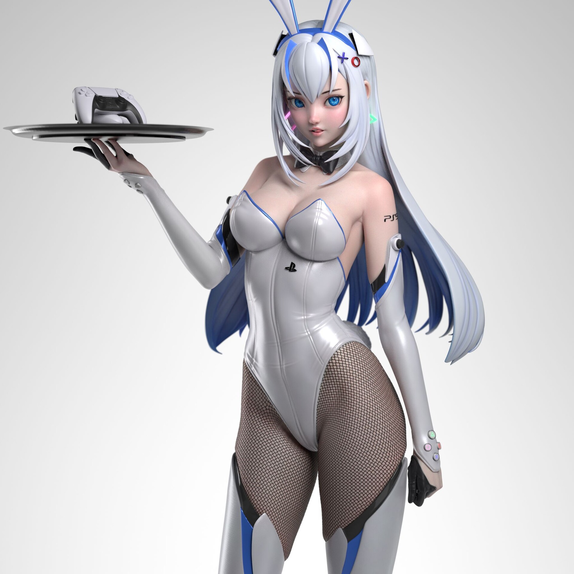 Anime 1920x1920 Chun Du CGI women anime girls Playstation 5 silver hair blue eyes bunny girl bodysuit controllers PS5-chan