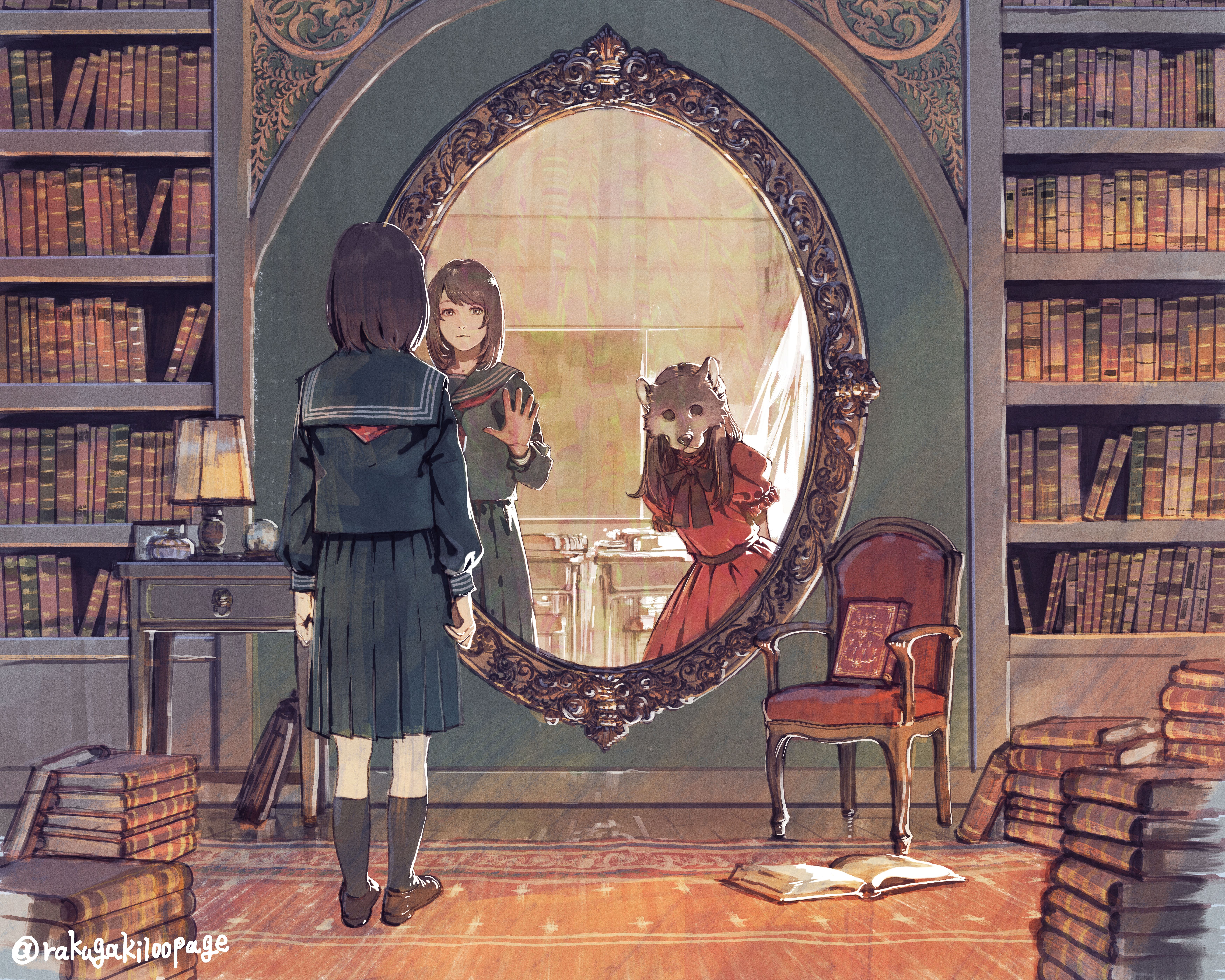 Anime 7000x5600 anime anime girls books mirror mirrored mask school uniform dark hair long hair red dress wolf Zen Yukisuke
