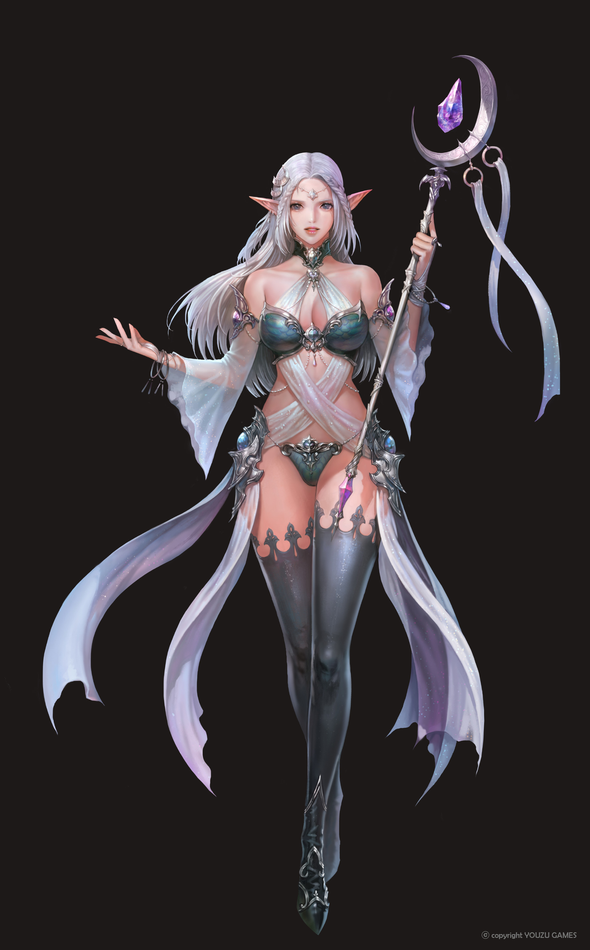 General 1920x3088 Nessi drawing women silver hair long hair straight hair wind hair accessories elves pointy ears dress bra cloth panties thigh-highs legs crossed looking at viewer weapon magician staff gems amethyst simple background tiaras
