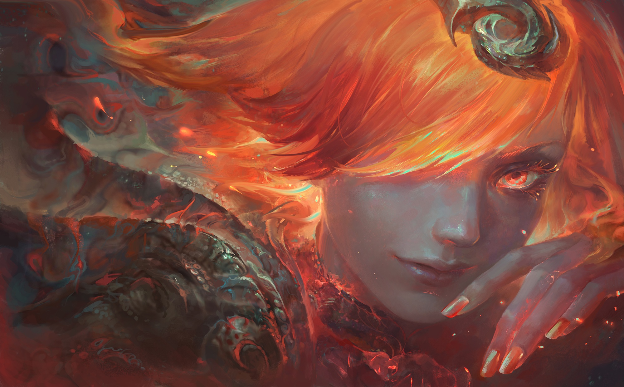 General 2000x1240 League of Legends video game girls video game art redhead hair over one eye fantasy girl women painted nails