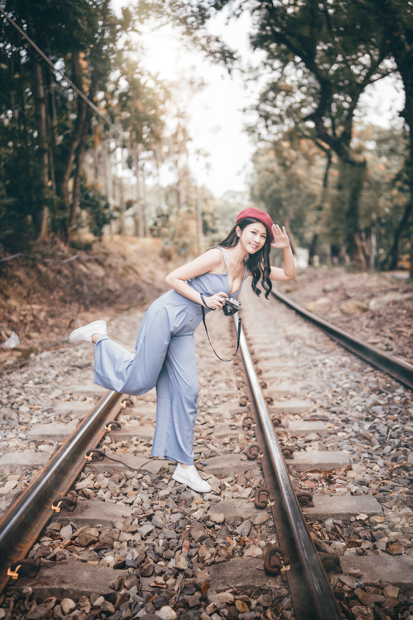 People 1365x2048 Asian camera women smiling women outdoors outdoors legs up railway dark hair looking at viewer Sexy Funk Pig Chinese Maxine Chi