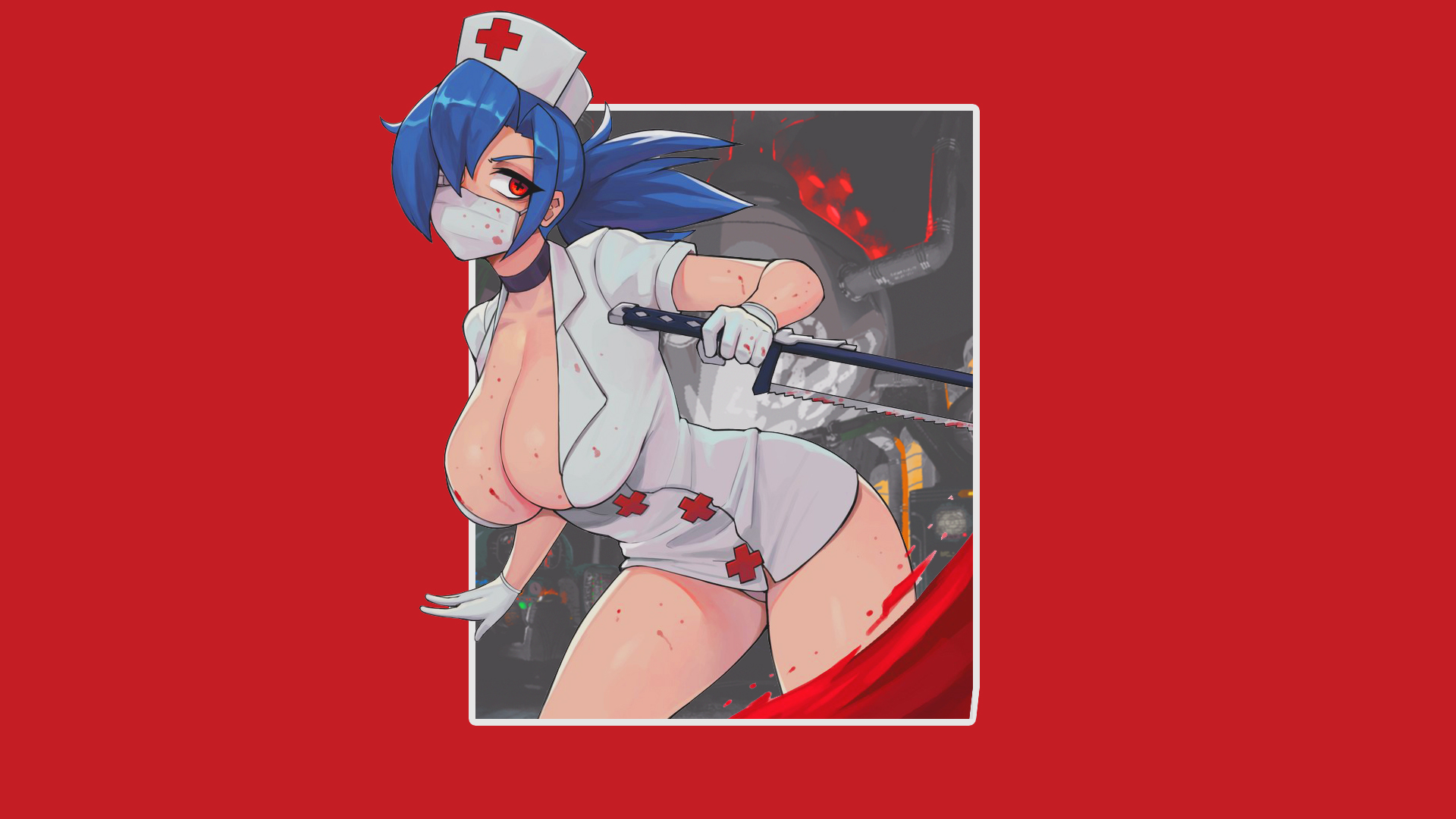 Anime 1920x1080 anime anime girls simple background picture-in-picture big boobs boobs huge breasts no bra cleavage nurse outfit blue hair red eyes ponytail Skullgirls Valentine Valentine (Skullgirls)
