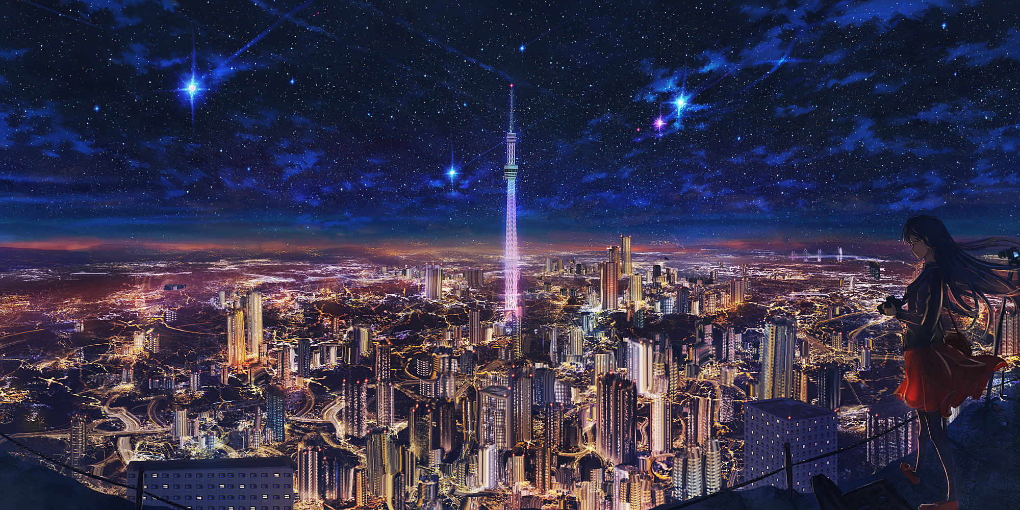 Anime 2000x1000 night sky cityscape anime stars starry night lights women outdoors urban outdoors anime girls windy standing sky Pixiv Nakomo