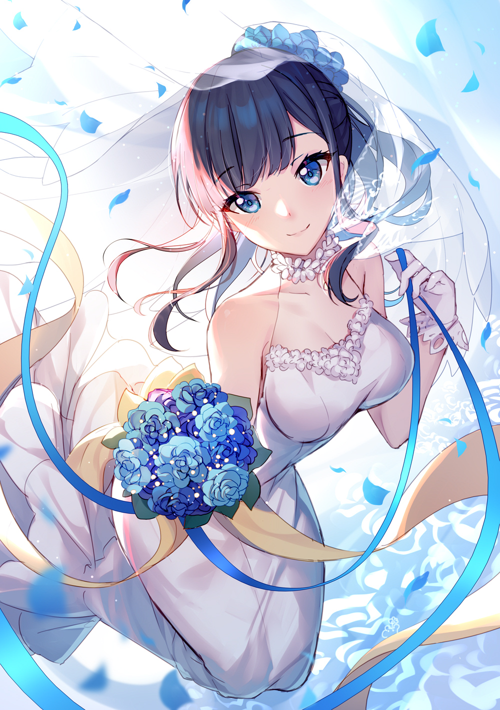 Anime 1000x1418 anime anime girls SSSS.GRIDMAN Takarada Rikka artwork bison cangshu wedding dress bridal veil dark hair blue eyes smiling