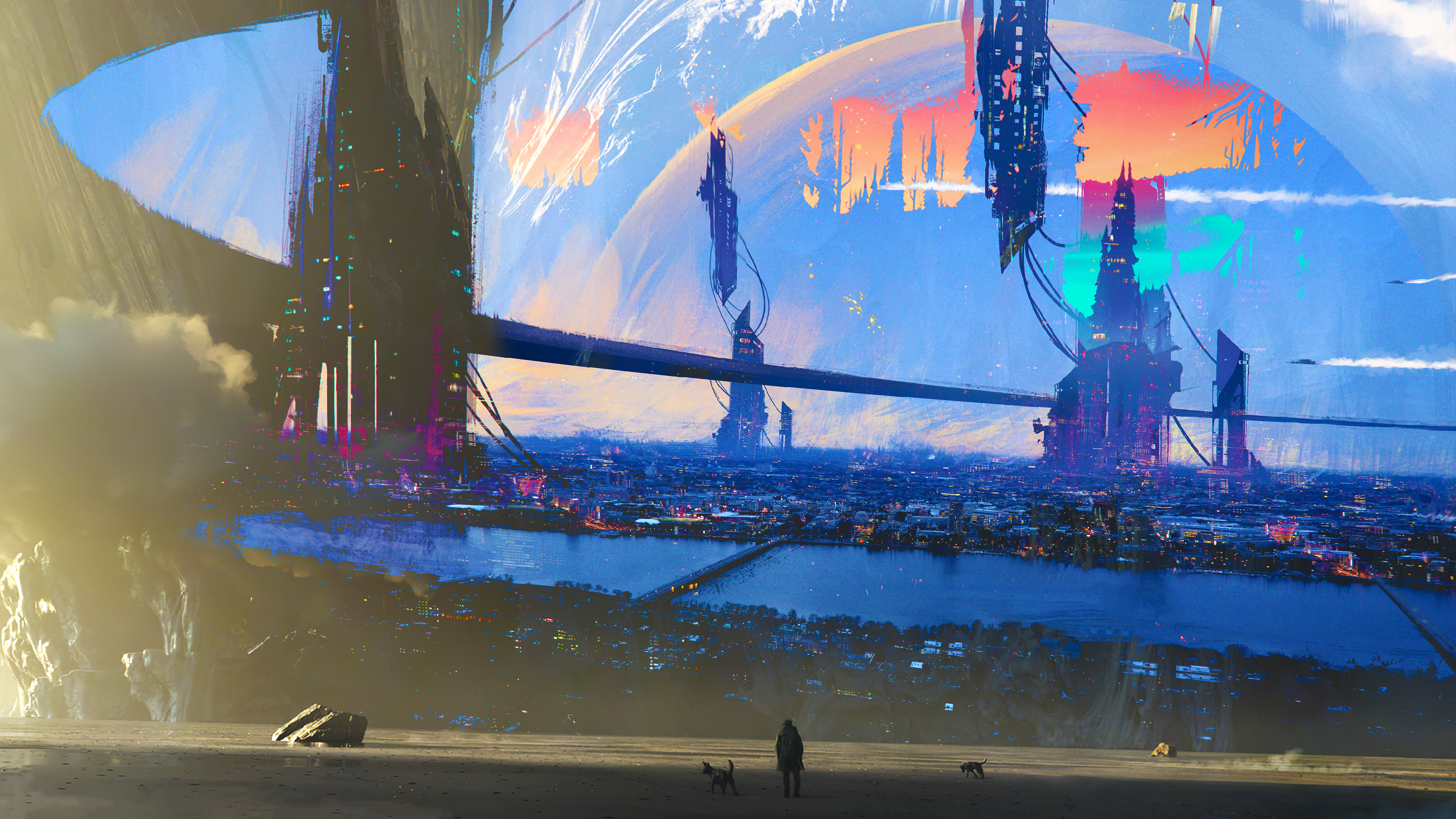 General 3840x2160 digital art landscape futuristic planet galaxy 3D fractal desert city futuristic city